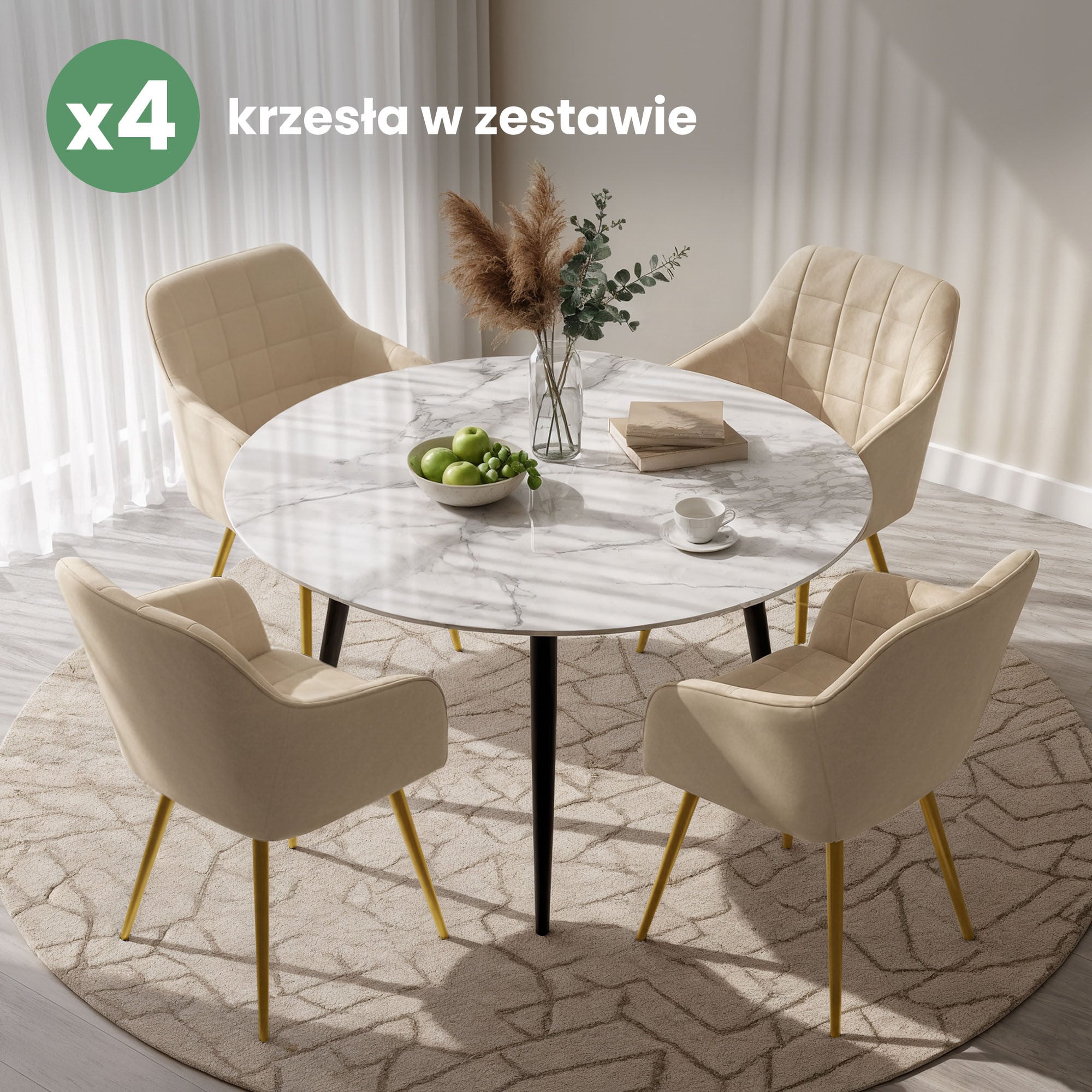 4x Krzesło tapicerowane z przeszyciami kwadratowymi Beżowe LUXANO Złote nogi - obrazek 4