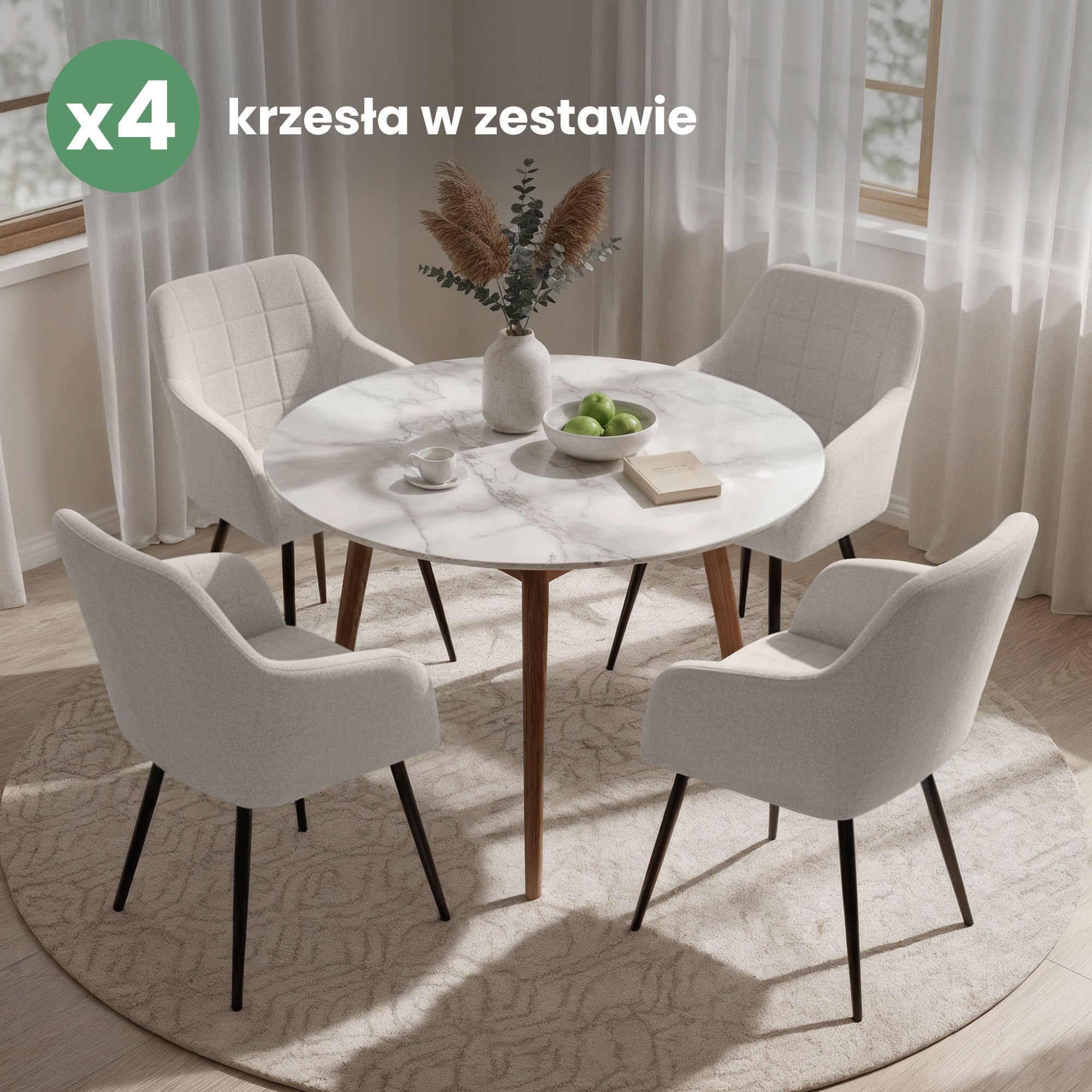4x Krzesło tapicerowane z przeszyciami kwadratowymi Kremowe LUXANO Czarne nogi tkanina Lumos - obrazek 4