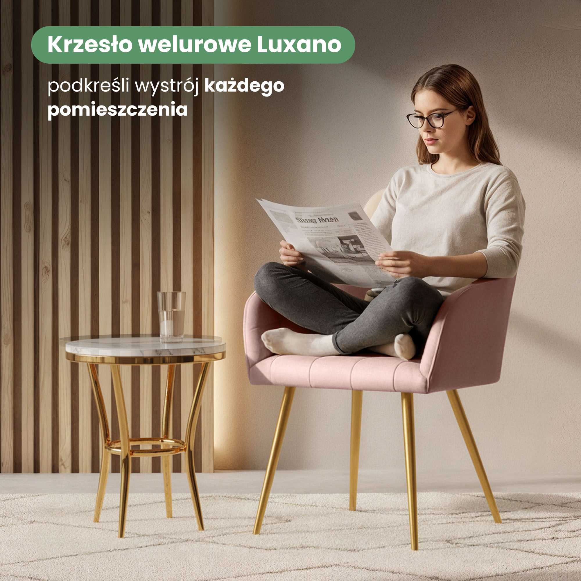 4x Krzesło tapicerowane z przeszyciami kwadratowymi Pudrowy Róż LUXANO Złote nogi - obrazek 2