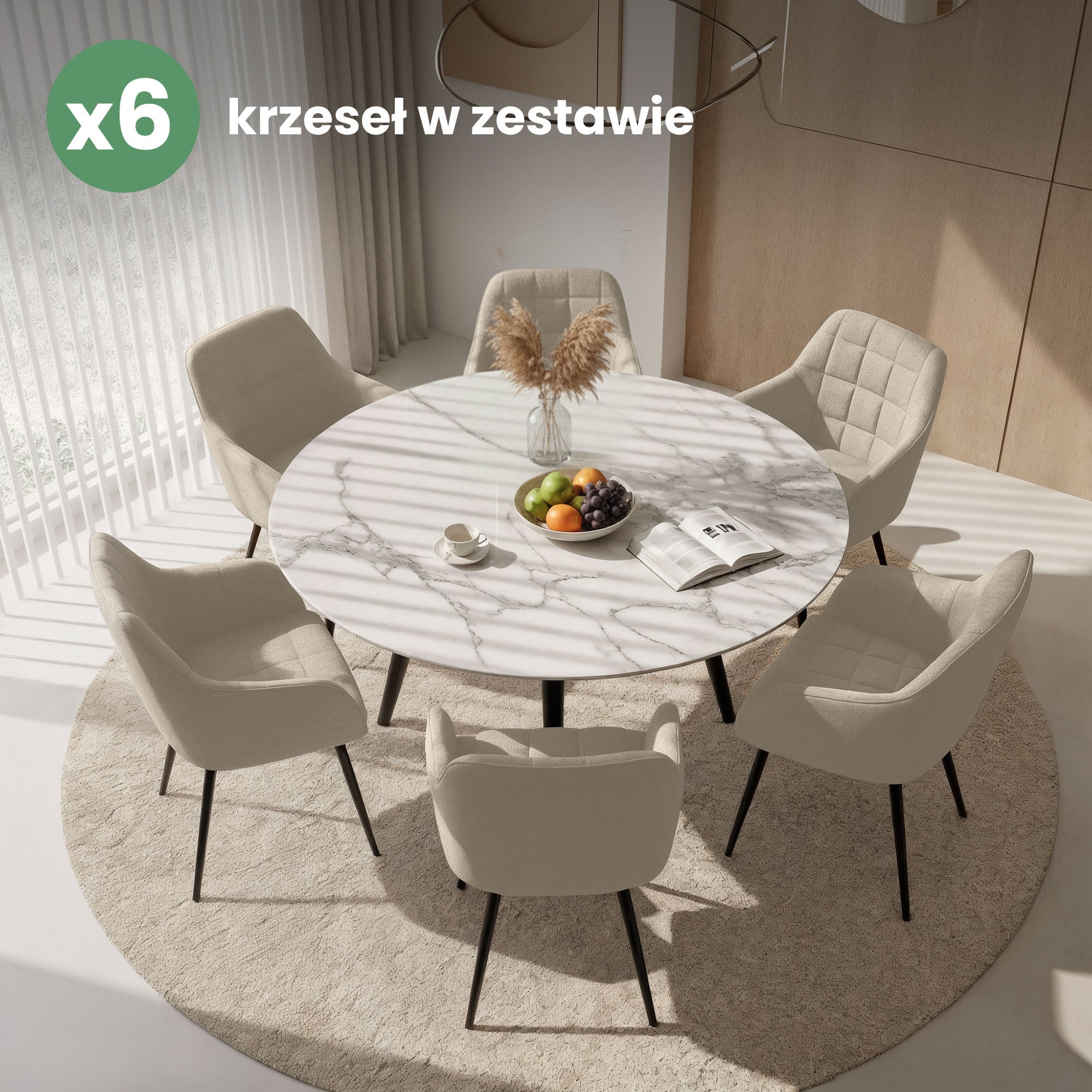 6x Krzesło tapicerowane z przeszyciami kwadratowymi Beżowe LUXANO Czarne nogi tkanina Lumos - obrazek 4