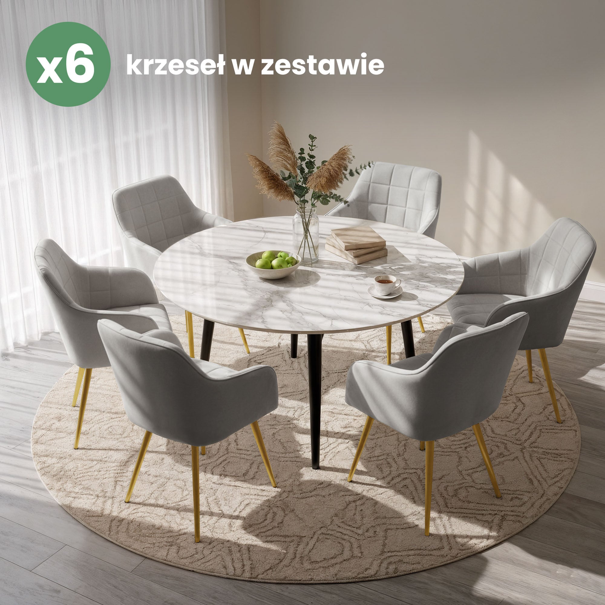 6x Krzesło tapicerowane z przeszyciami kwadratowymi Szare LUXANO Złote nogi - obrazek 4