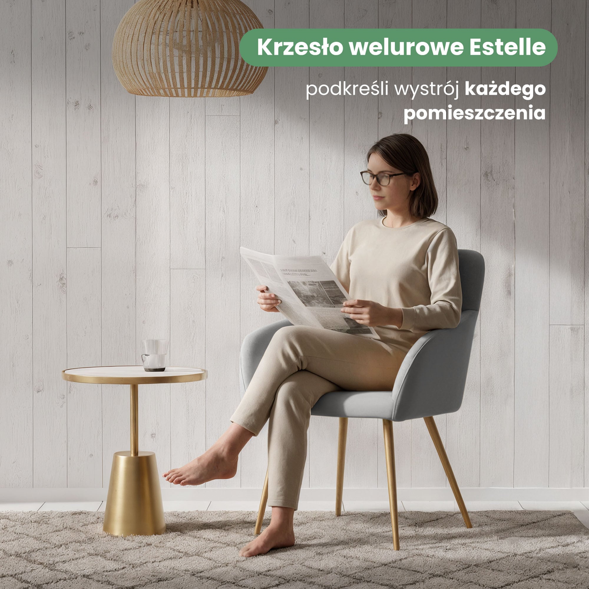 2x Welurowe krzesło tapicerowane gładkie Szare ESTELLE Złote nogi - obrazek 2