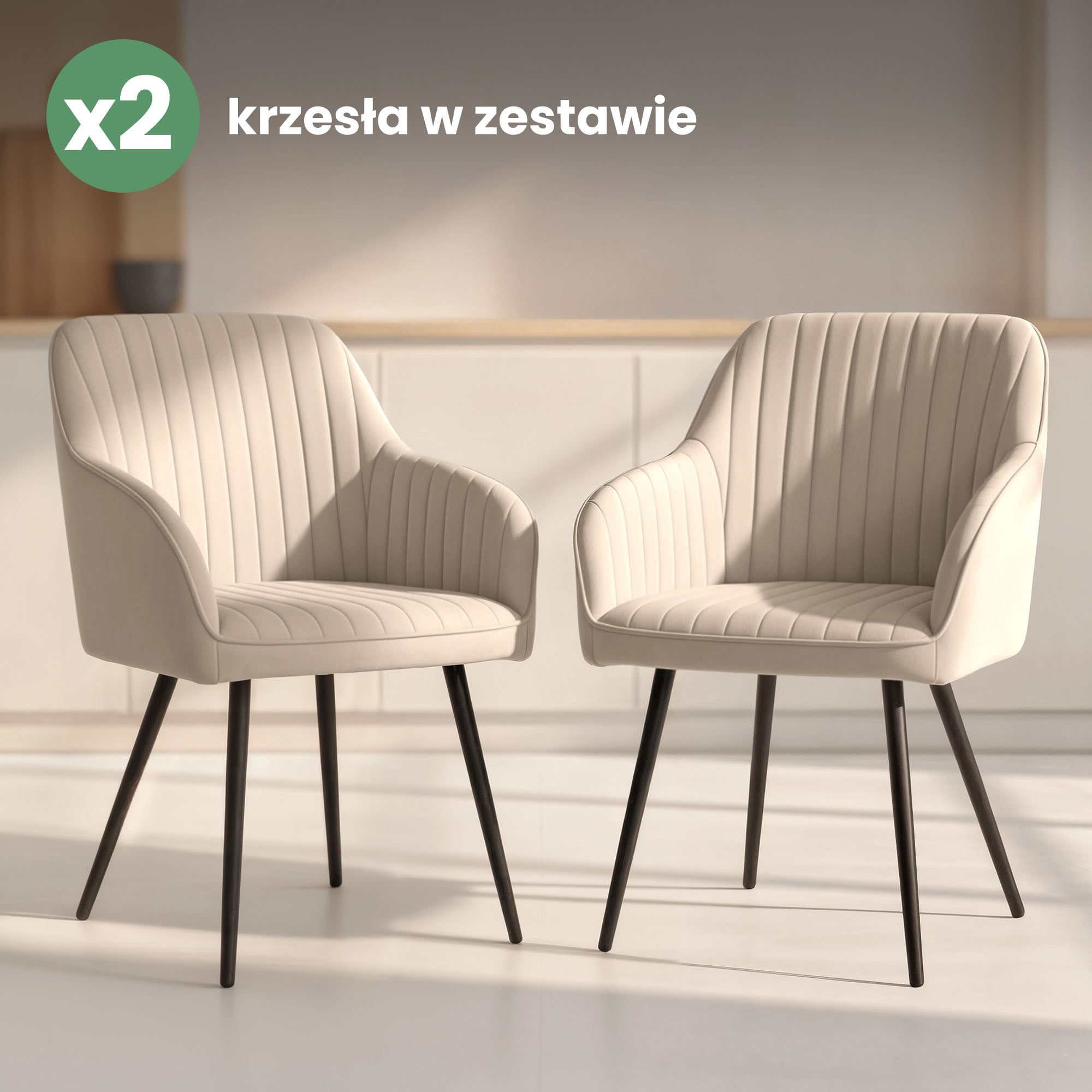 2x Welurowe krzesło tapicerowane z przeszyciami Beżowe FLORENCE Czarne nogi - obrazek 4