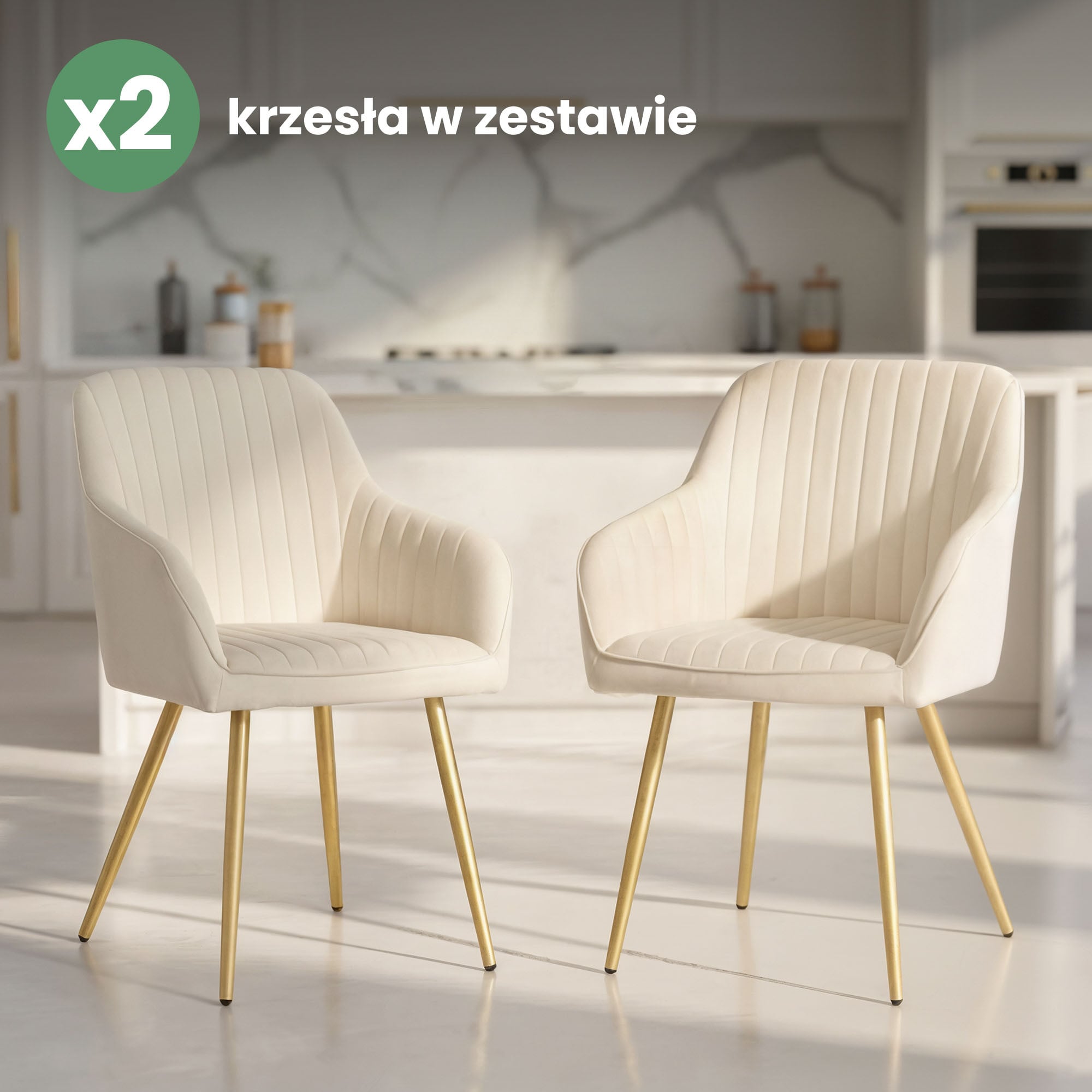 2x Welurowe krzesło tapicerowane z przeszyciami Kremowe FLORENCE Złote nogi - obrazek 4