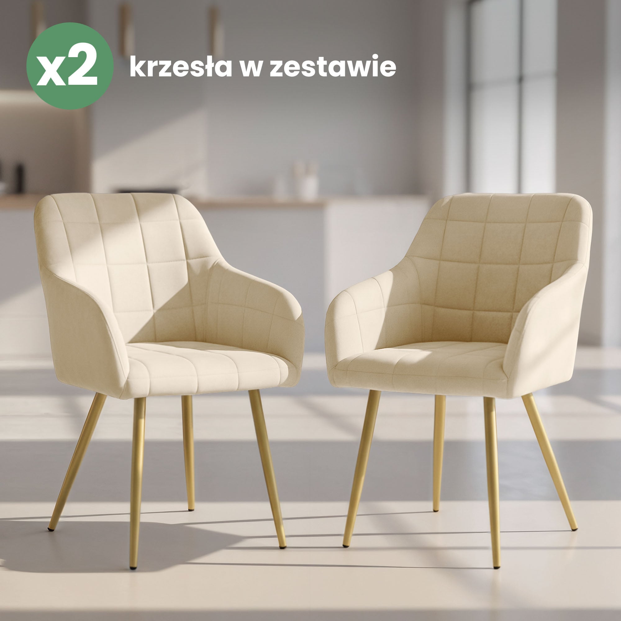 2x Krzesło tapicerowane z przeszyciami kwadratowymi Beżowe LUXANO Złote nogi - obrazek 4