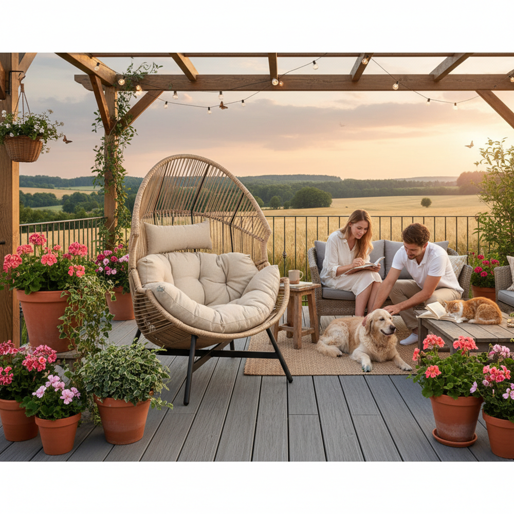 Fotel HOLAND Ogrodowy z Poduszką Rattanowy Stalowy 142 cm BEŻOWY - obrazek 4