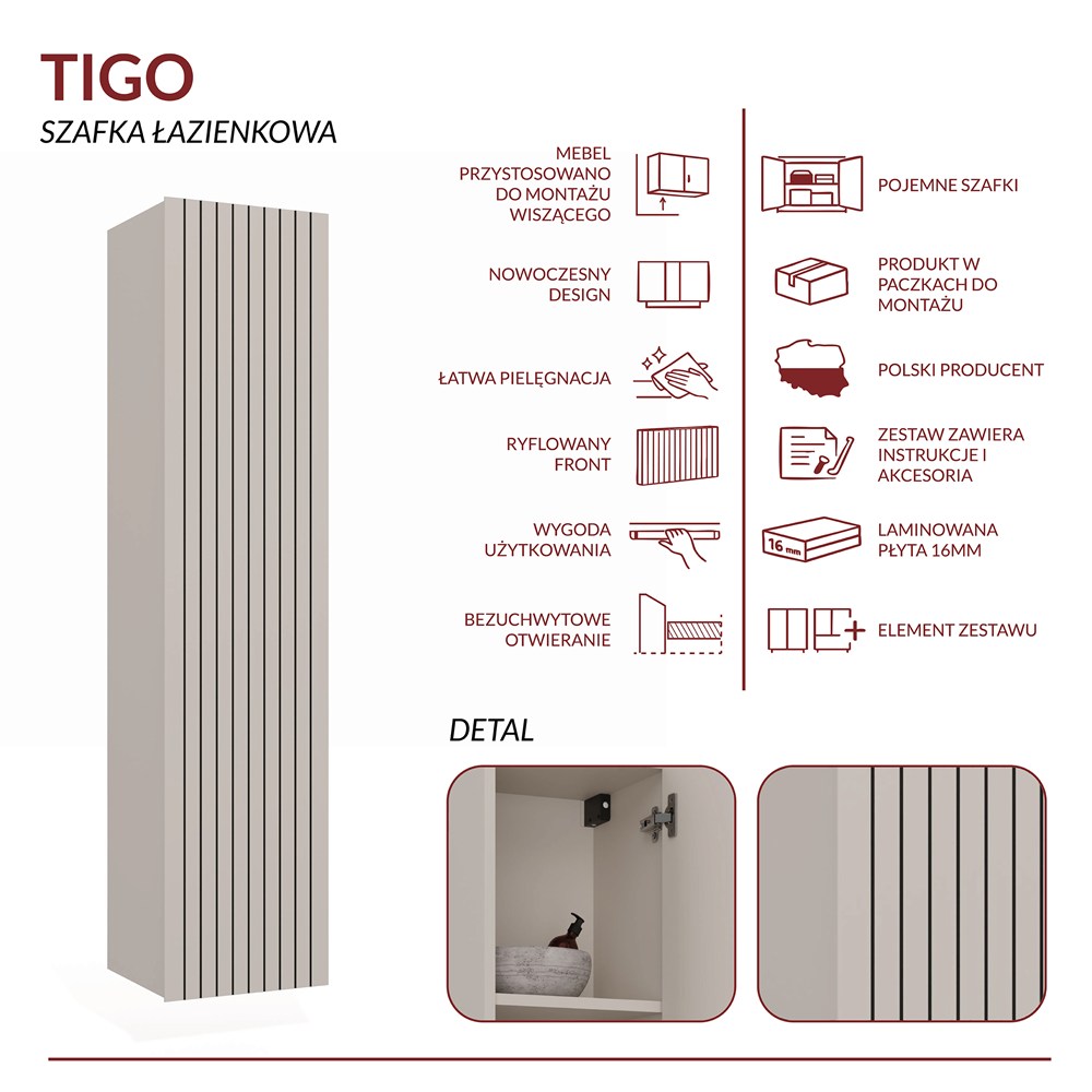 Szafka łazienkowa wisząca słupek Nordico Tigo 1D – dąb evoke, front ryflowany - obrazek 6