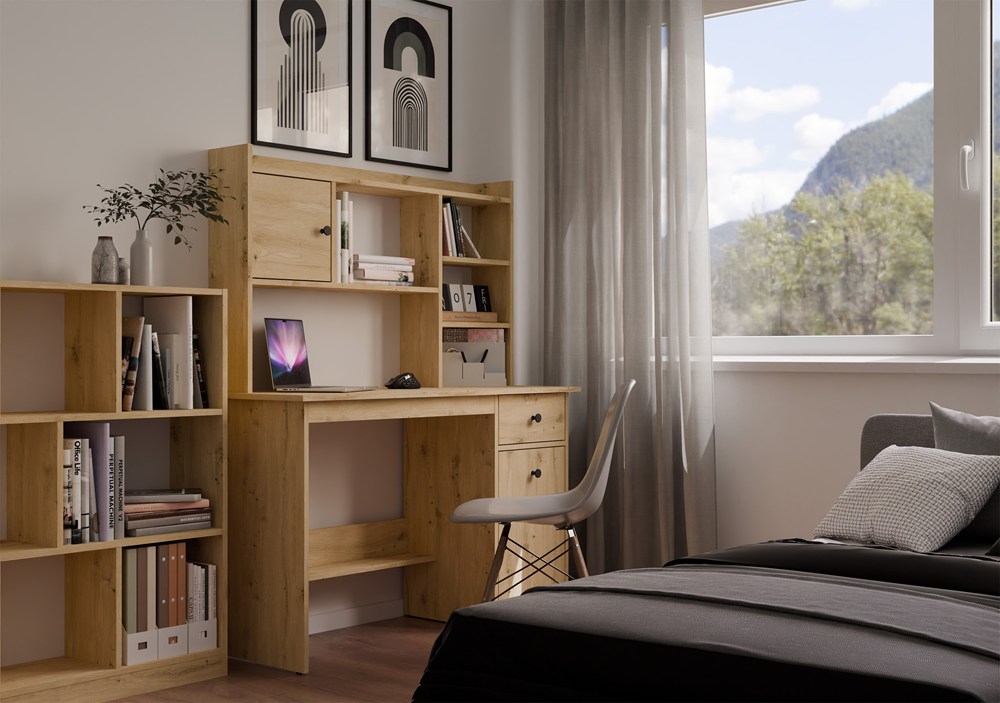 Biurko CHESTER Z NADSTAWKĄ Dąb Artisan 1 Szuflada Szafka Regał Do Pokoju - obrazek 3