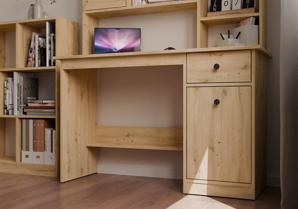 Biurko CHESTER Z NADSTAWKĄ Dąb Artisan 1 Szuflada Szafka Regał Do Pokoju - obrazek 4