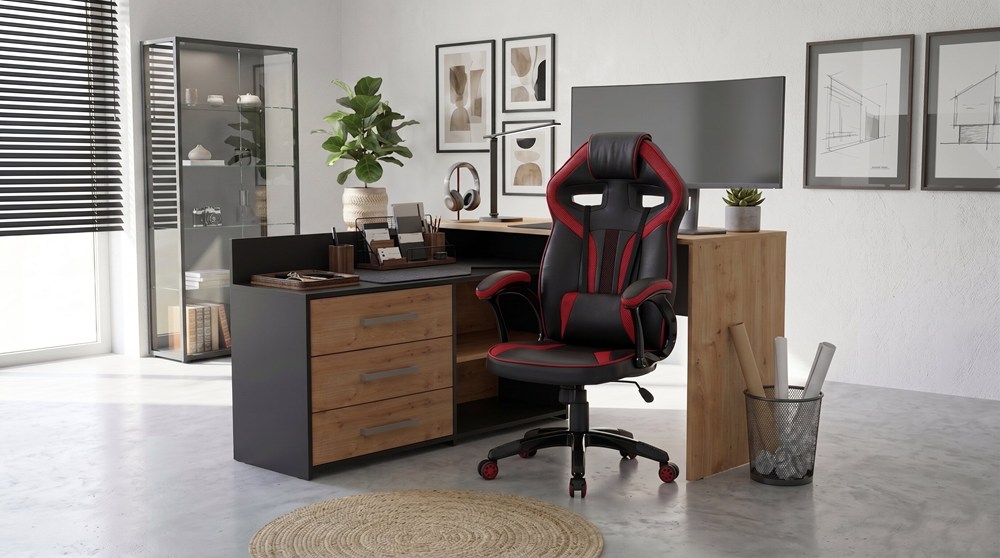 Zestaw BIURKO DANY Narożne ANTRACYT / DĄB ARTISAN + Fotel DRIFT CZERWONY - obrazek 2