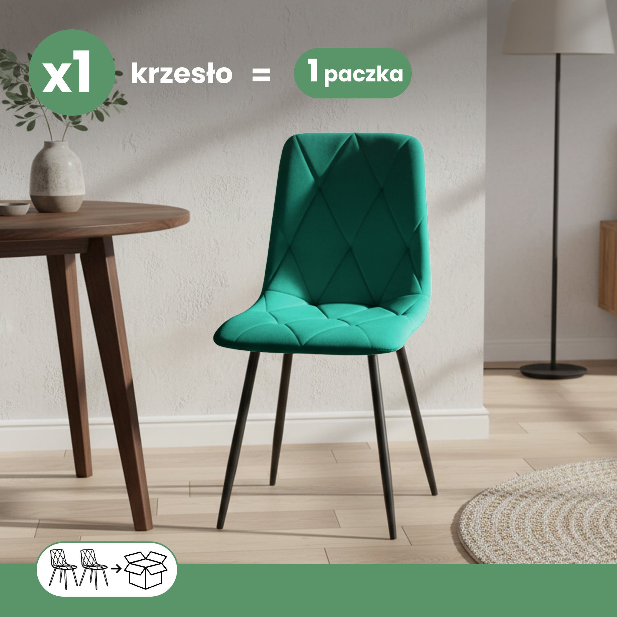 Welurowe krzesło tapicerowane pikowane Butelkowa Zieleń MILO Czarne nogi - obrazek 3