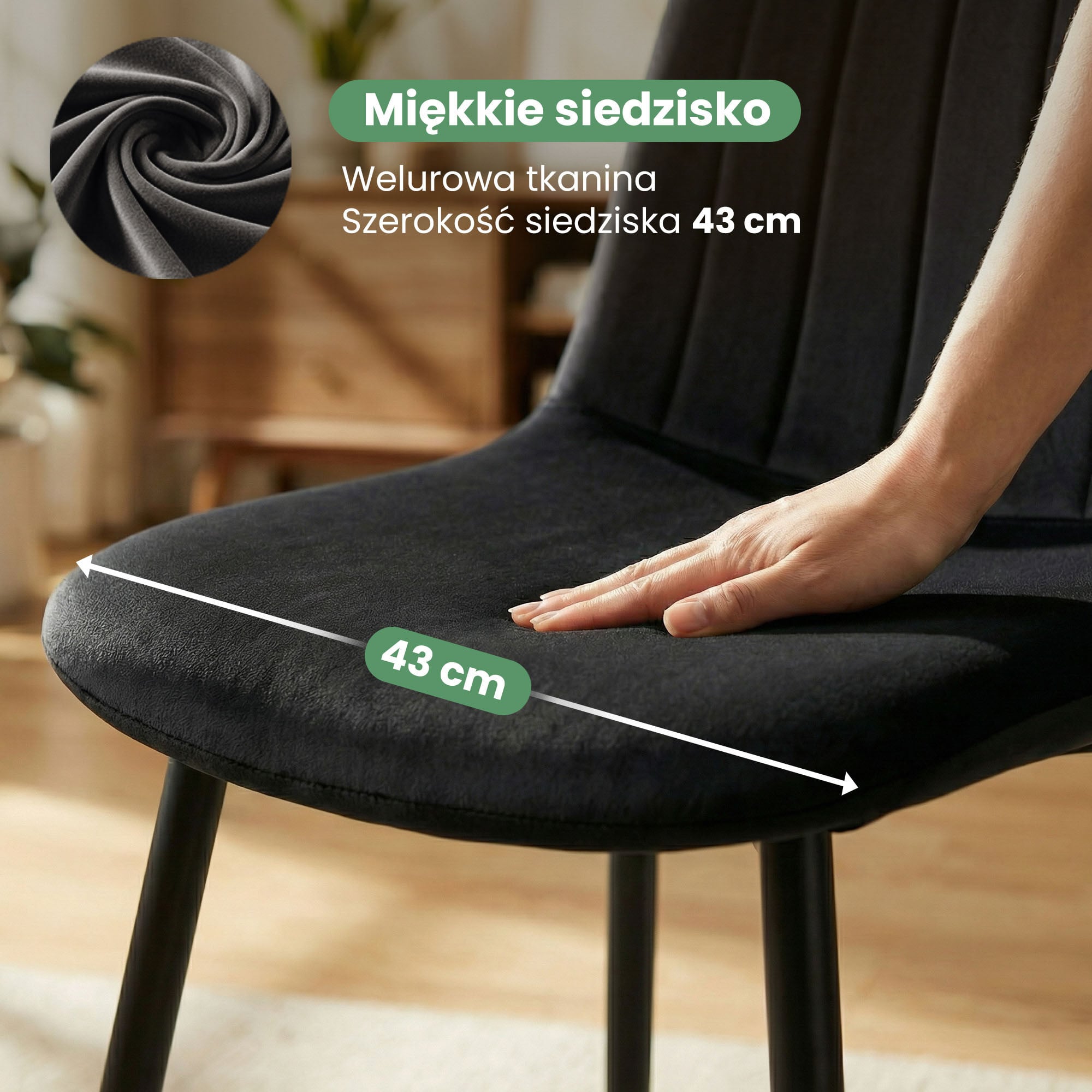 Welurowe krzesło tapicerowane pikowane Czarne LUMO Czarne nogi - obrazek 2