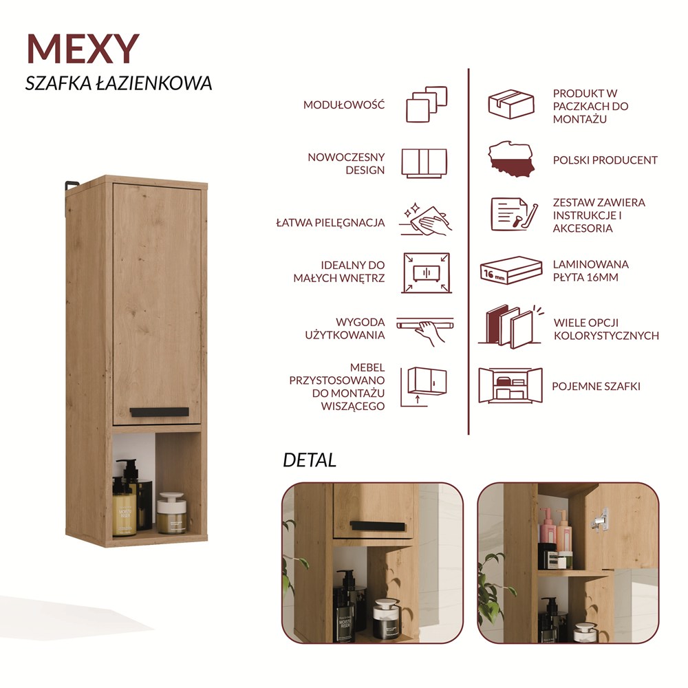 Szafka Łazienkowa Wisząca MEXY W1D Słupek 1 Drzwi 3 Półki DĄB ARTISAN - obrazek 7