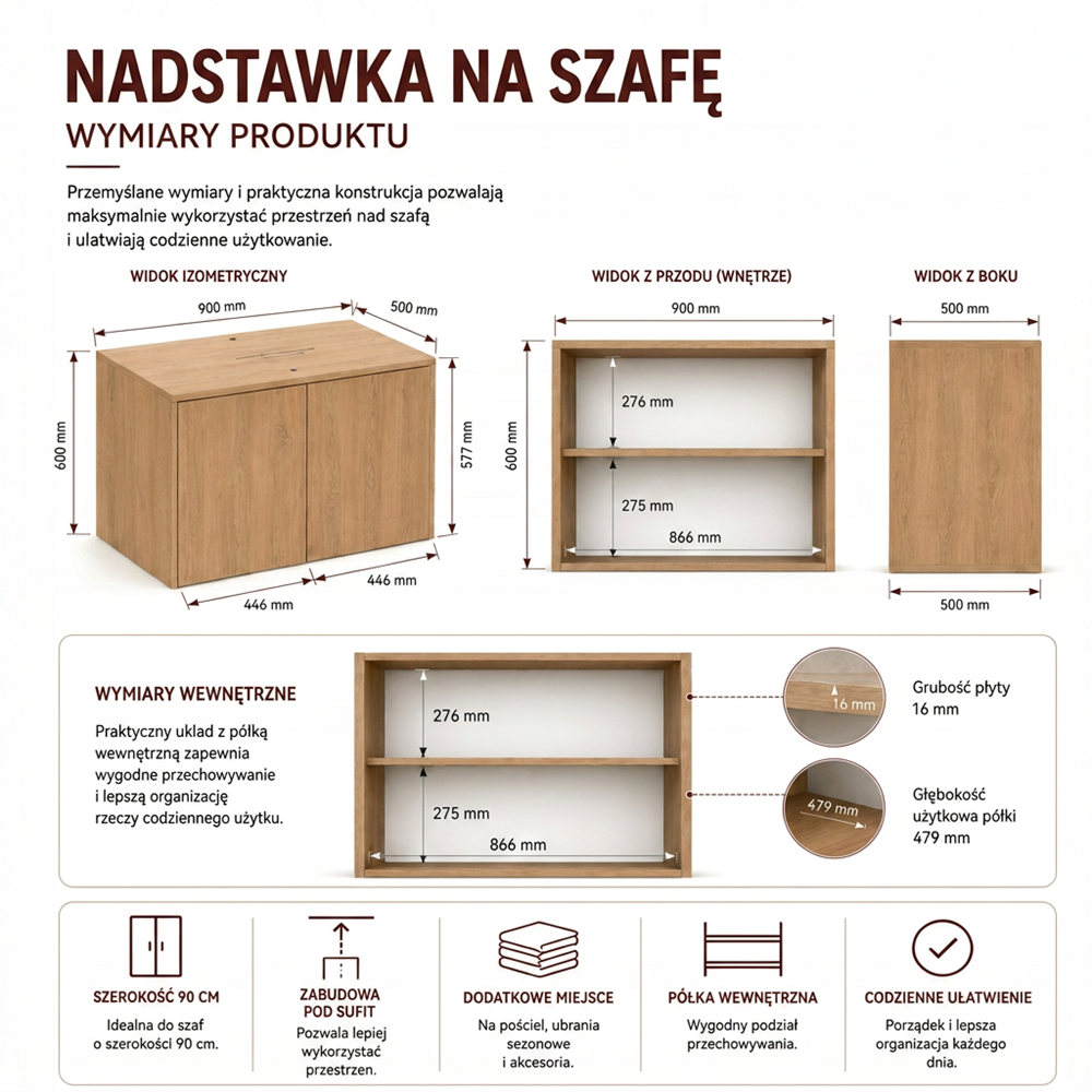 Nadstawka Na Szafę SD-90 DĄB ARTISAN Półka 90 cm Do Garderoby Pokoju - obrazek 6