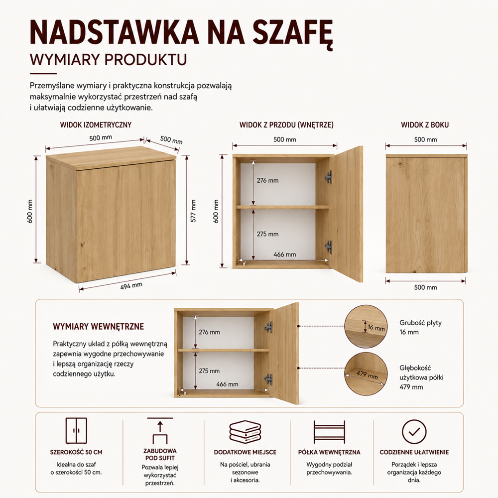 Nadstawka Na Szafę SD-50 DĄB ARTISAN Półka 50 cm Do Garderoby Pokoju - obrazek 6