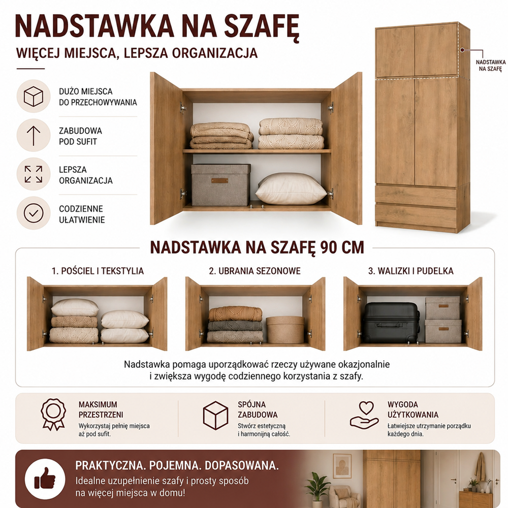 Nadstawka Na Szafę SD-90 DĄB ARTISAN Półka 90 cm Do Garderoby Pokoju - obrazek 5