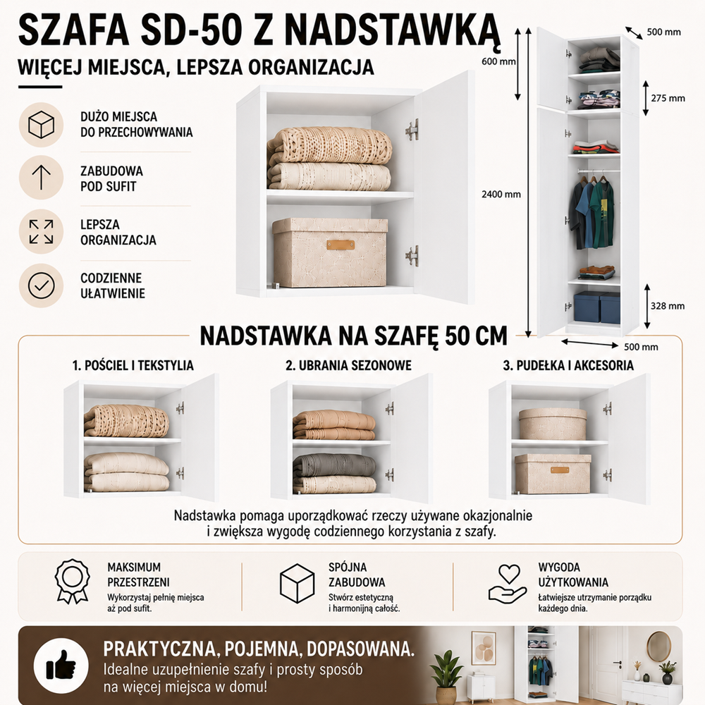 Szafa z Nadstawką SD-50 Drzwi Półki BIEL MAT Do Garderoby Pokoju Biura - obrazek 5