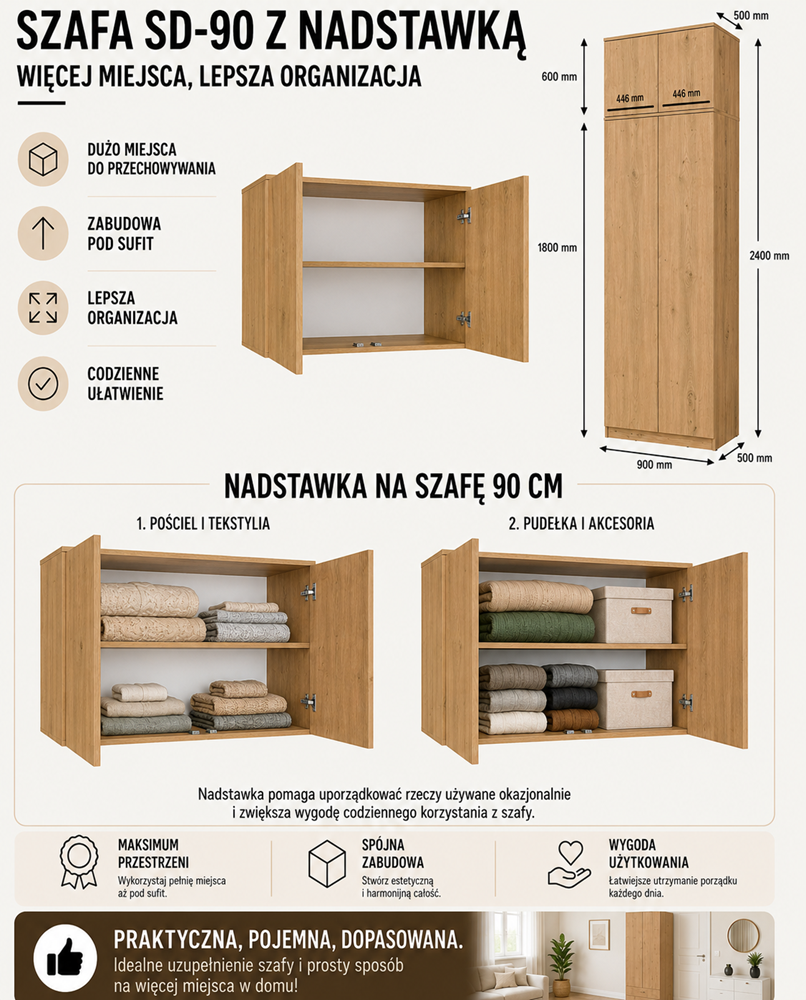 Szafa z Nadstawką SD-90 Drzwi Półki DĄB ARTISAN Do Garderoby Pokoju Biura - obrazek 5