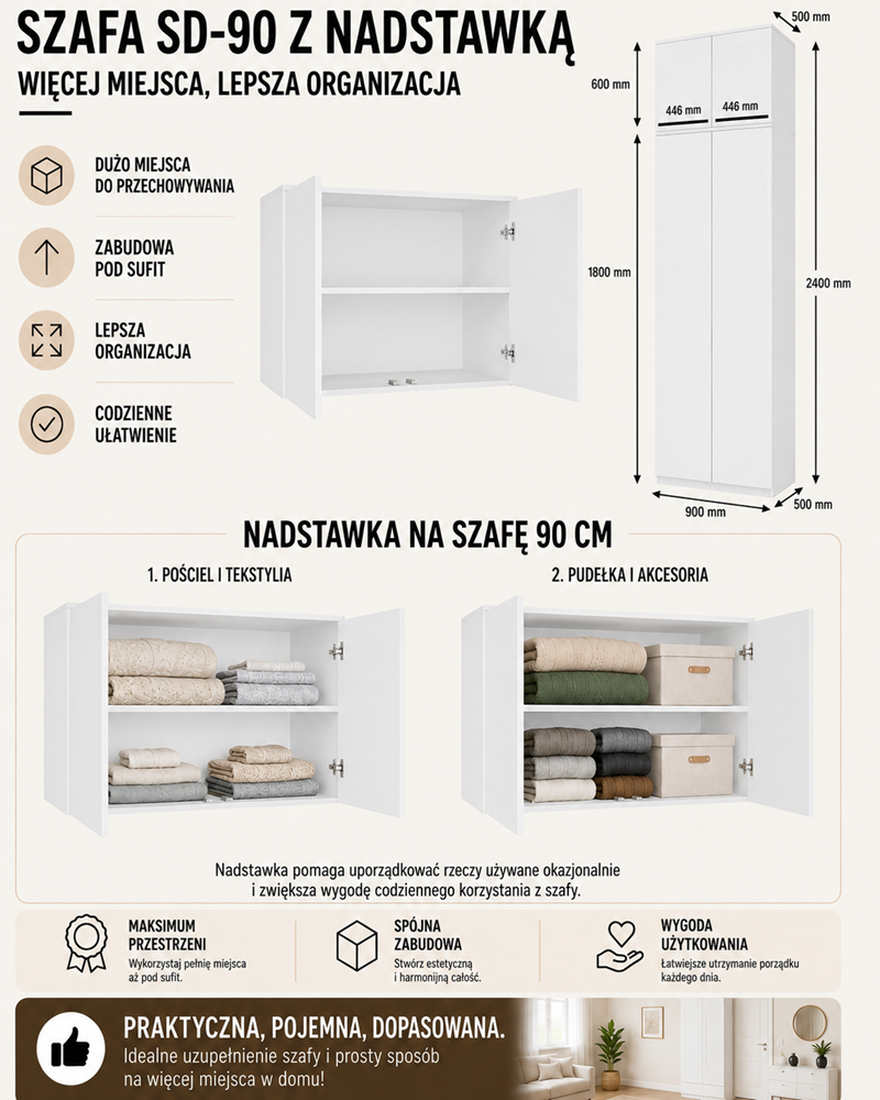 Szafa z Nadstawką SD-90 Drzwi Półki BIAŁY Do Garderoby Pokoju Biura - obrazek 6