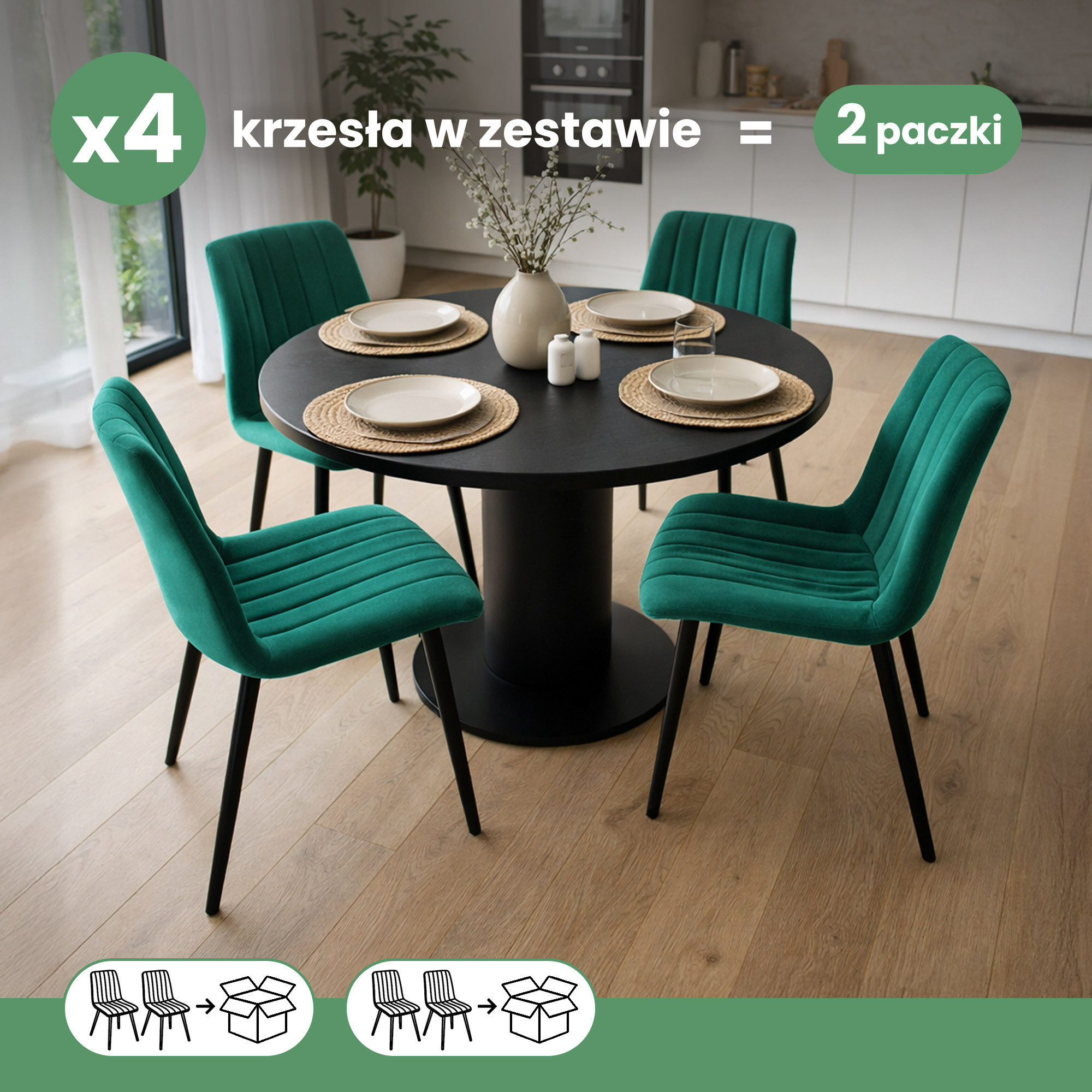 4x Welurowe krzesło tapicerowane pikowane Butelkowa Zieleń LIVO Czarne nogi - obrazek 3