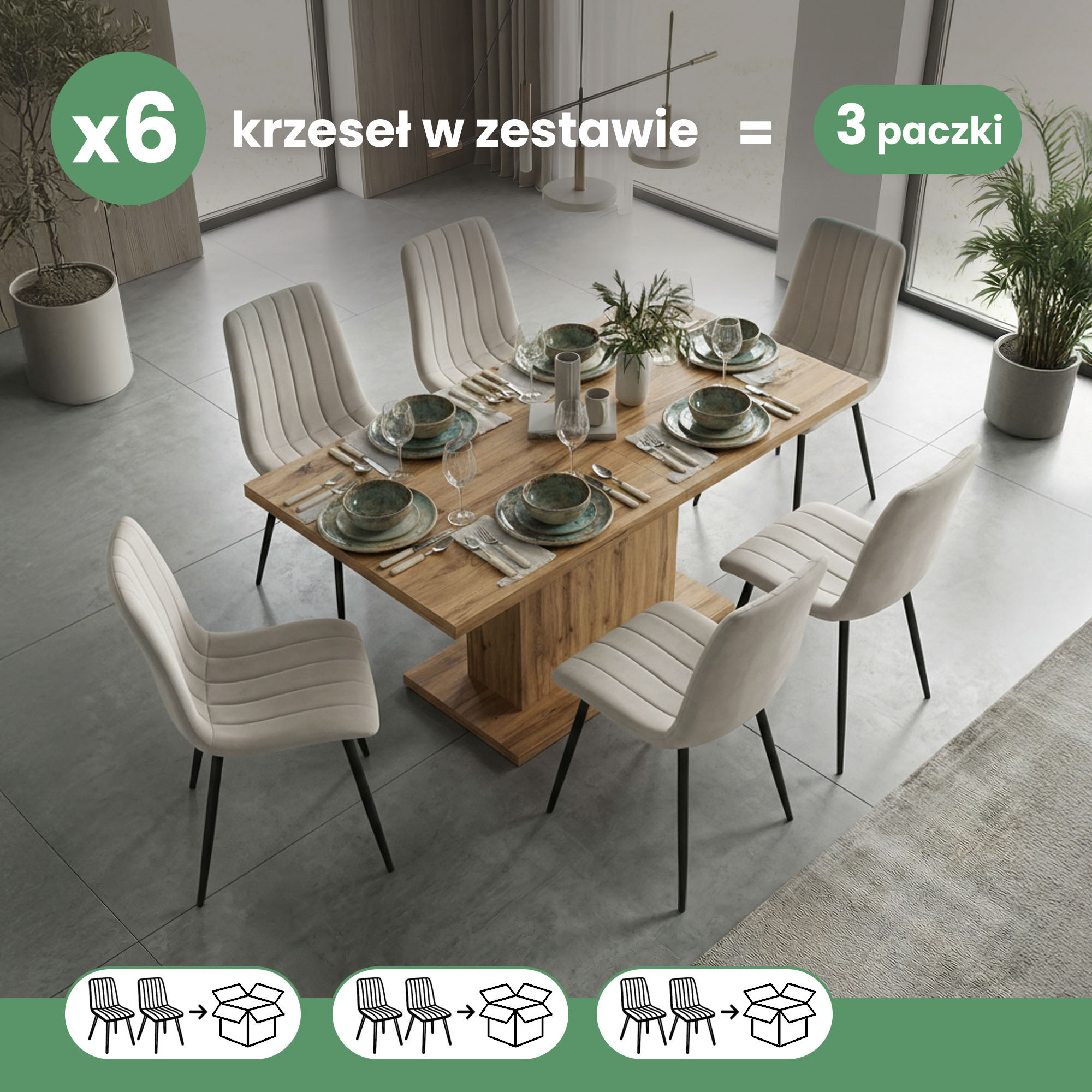 6x Welurowe krzesło tapicerowane pikowane Beżowe LIVO Czarne nogi - obrazek 4