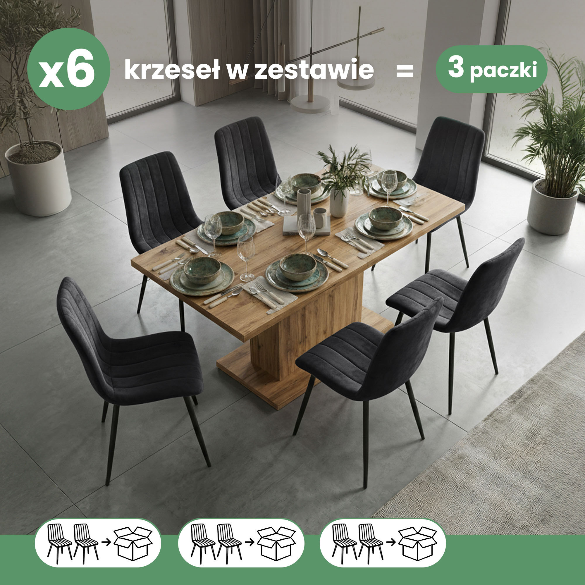 6x Welurowe krzesło tapicerowane pikowane Czarne LIVO Czarne nogi - obrazek 3