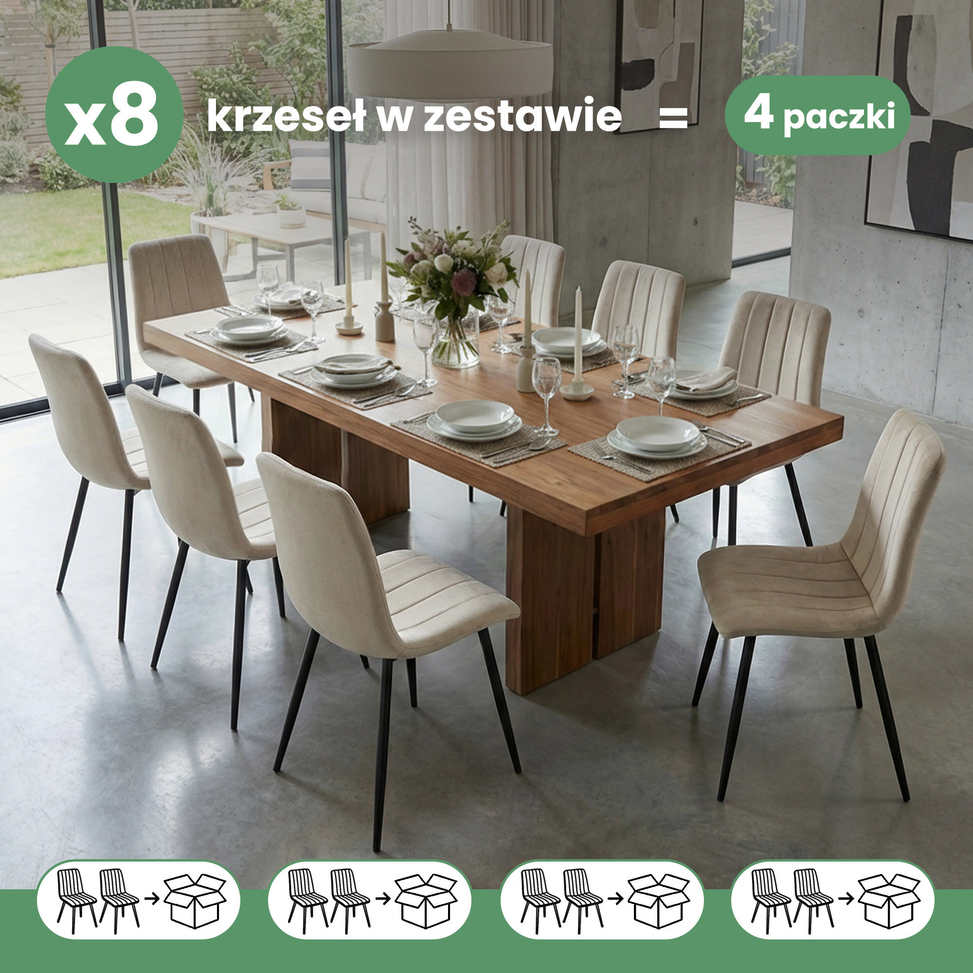 8x Welurowe krzesło tapicerowane pikowane Beżowe LIVO Czarne nogi - obrazek 3