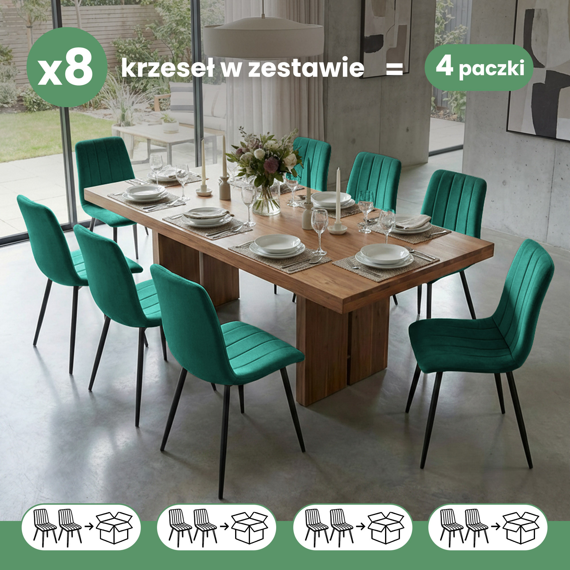 8x Welurowe krzesło tapicerowane pikowane Butelkowa Zieleń LIVO Czarne nogi - obrazek 3
