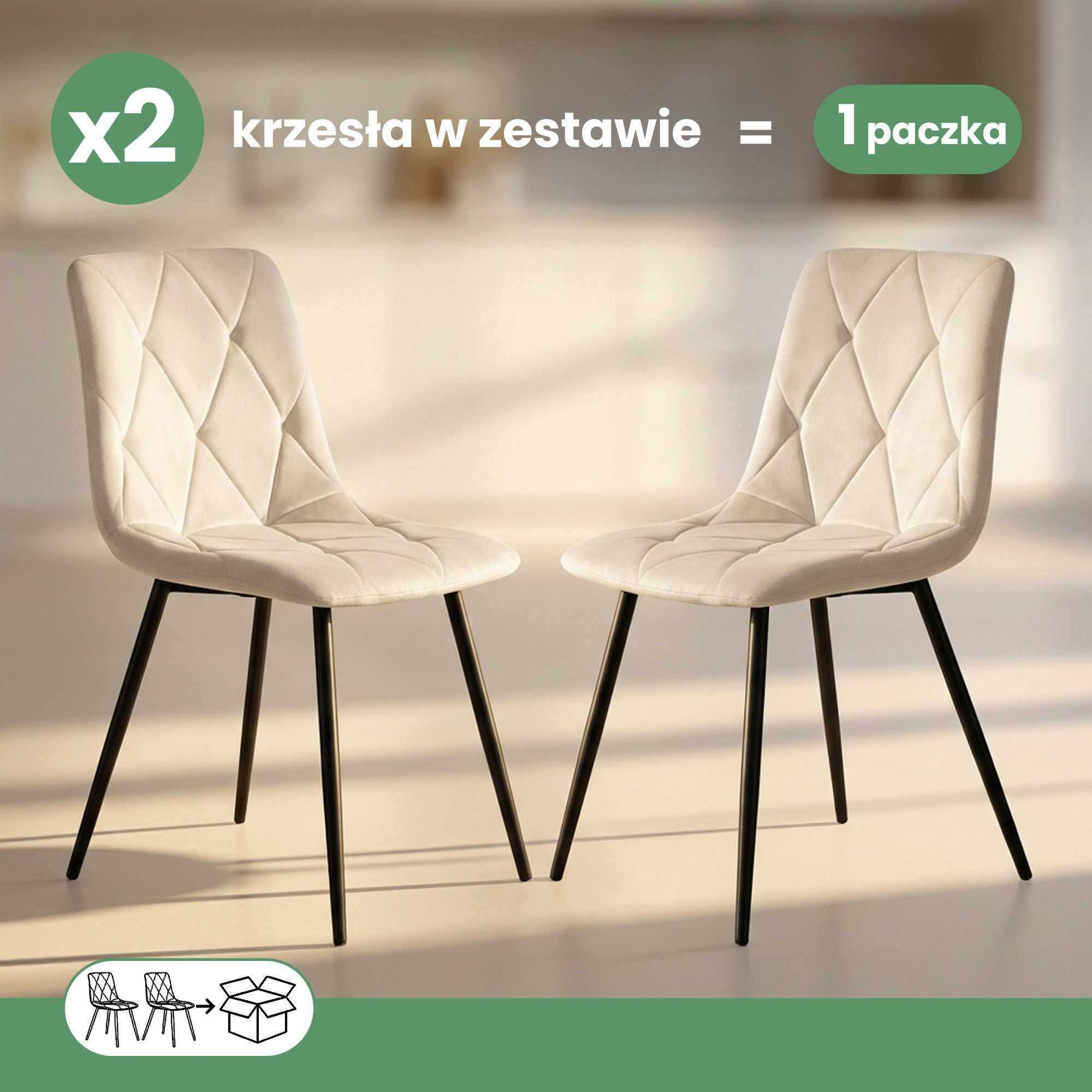 2x Welurowe krzesło tapicerowane pikowane Beżowe MILO Czarne nogi - obrazek 3