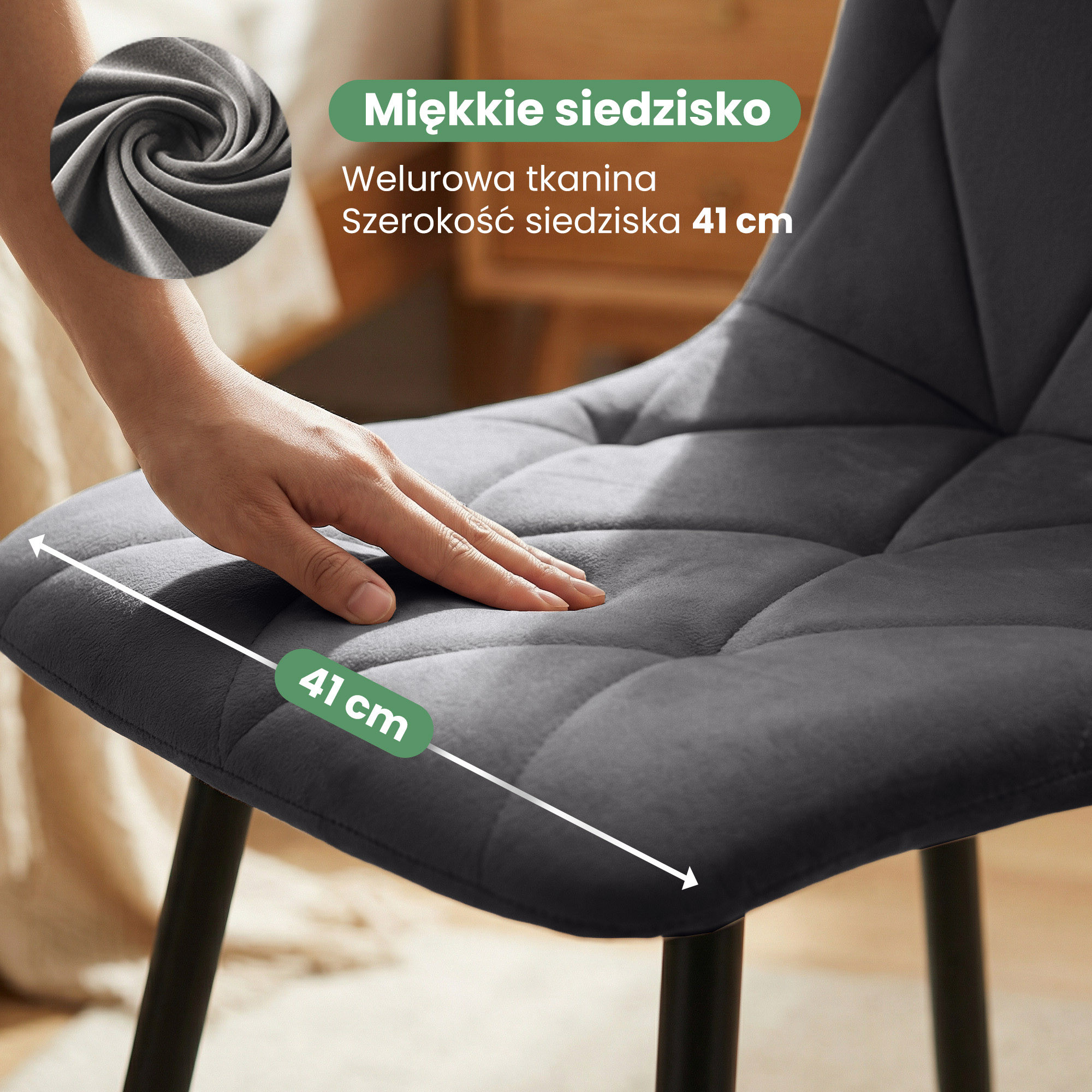 4x Welurowe krzesło tapicerowane pikowane Ciemny Grafit MILO Czarne nogi - obrazek 2