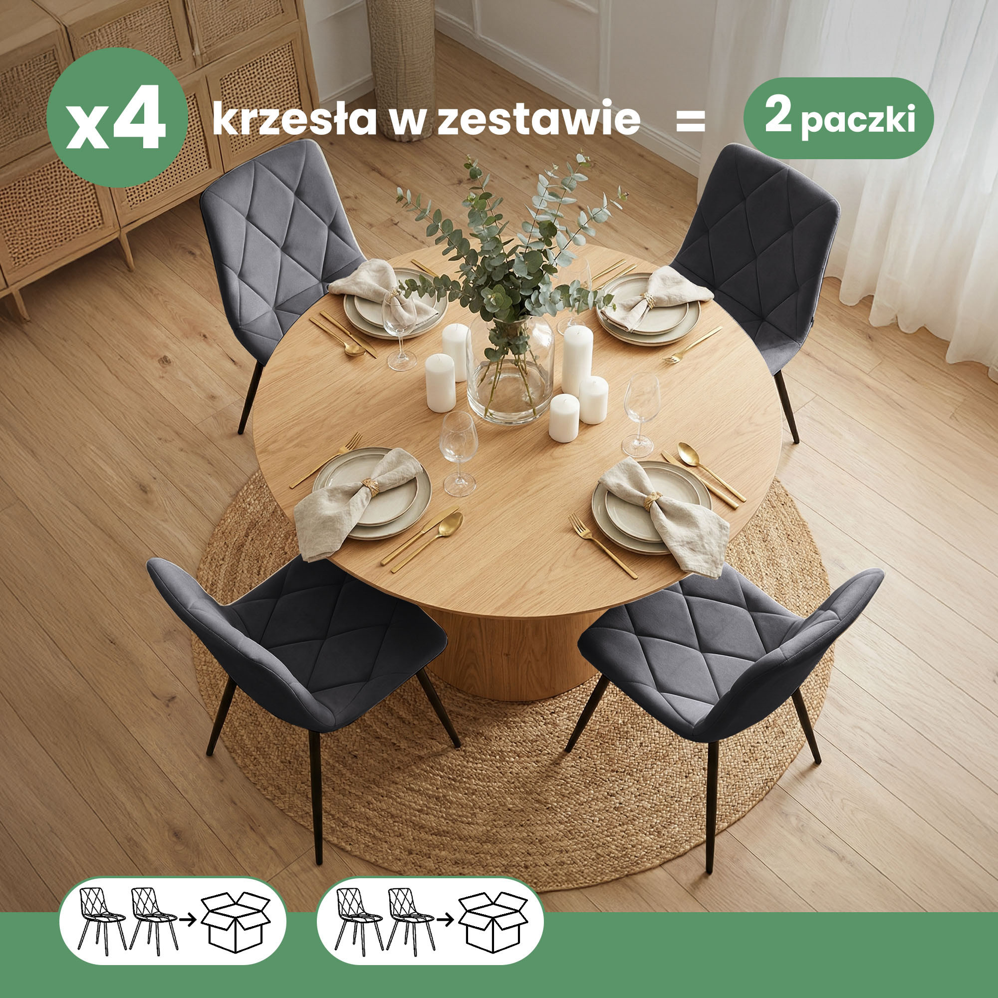 4x Welurowe krzesło tapicerowane pikowane Ciemny Grafit MILO Czarne nogi - obrazek 3