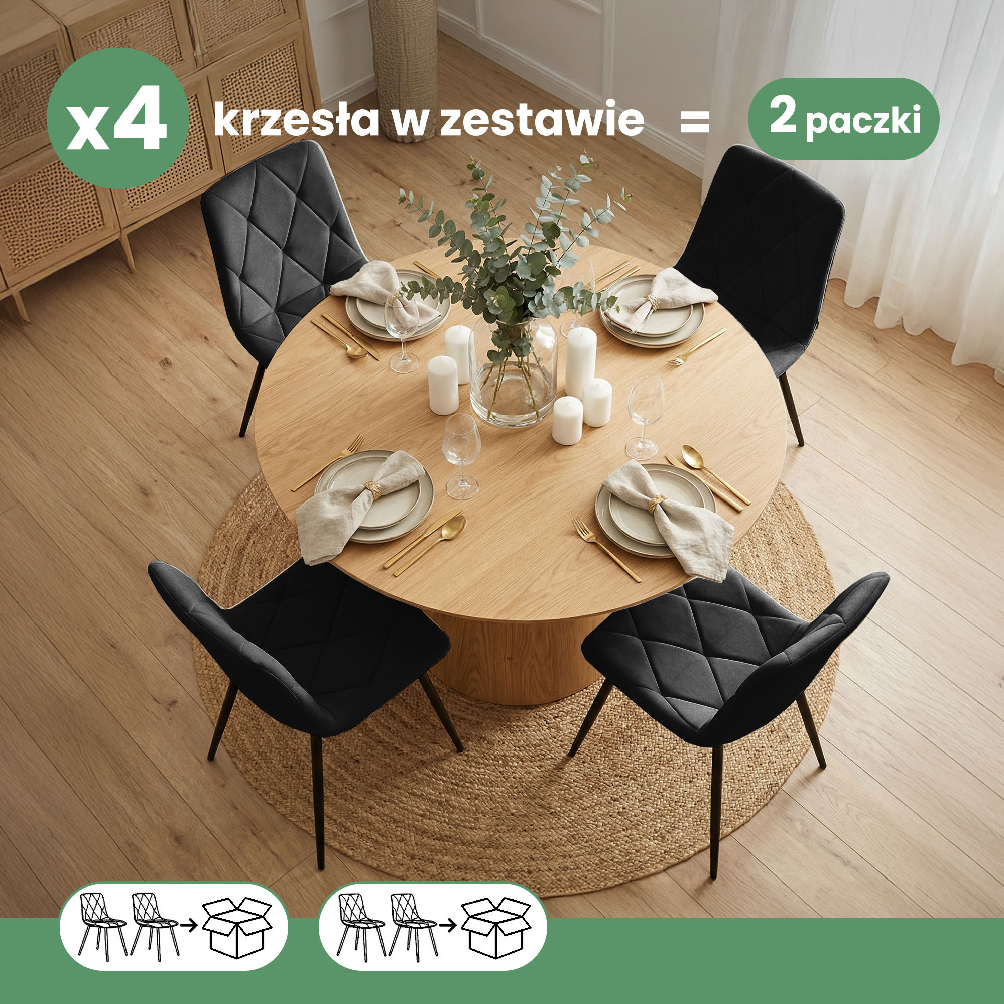 4x Welurowe krzesło tapicerowane pikowane Czarne MILO Czarne nogi - obrazek 3