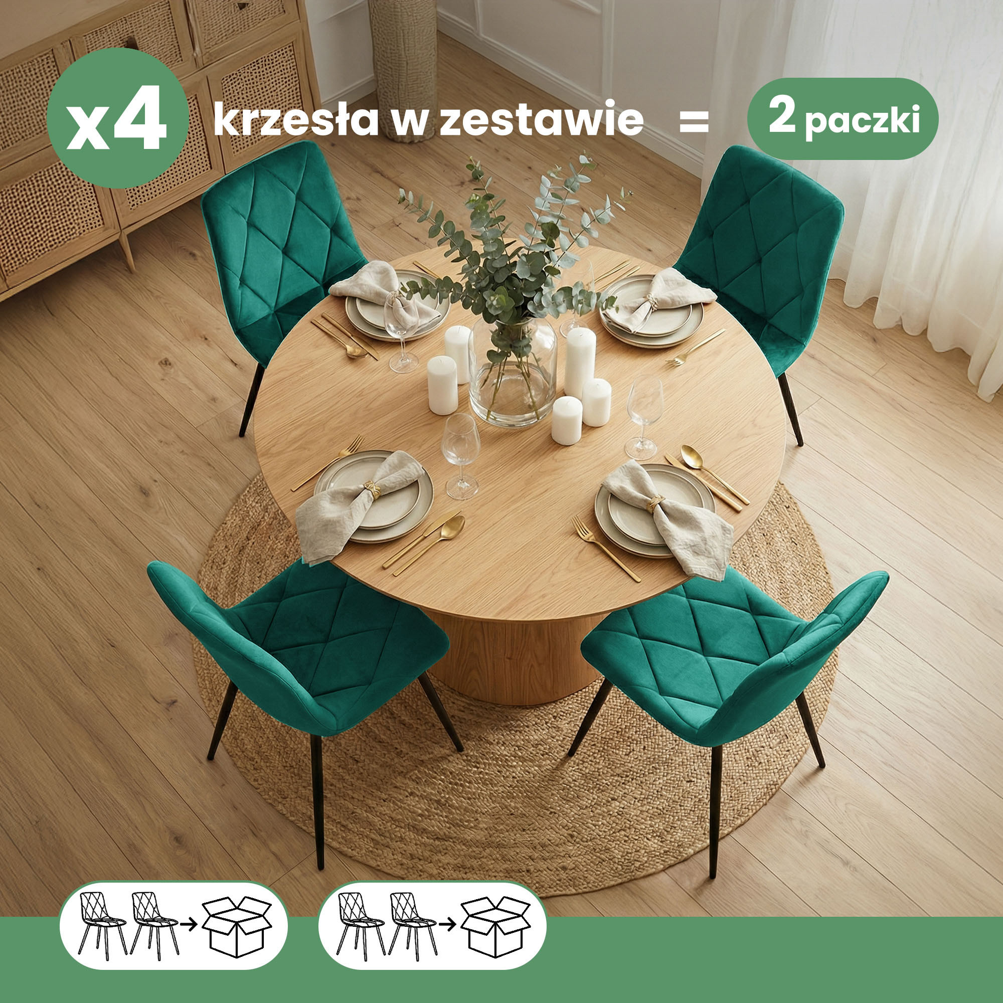 4x Welurowe krzesło tapicerowane pikowane Butelkowa Zieleń MILO Czarne nogi - obrazek 3