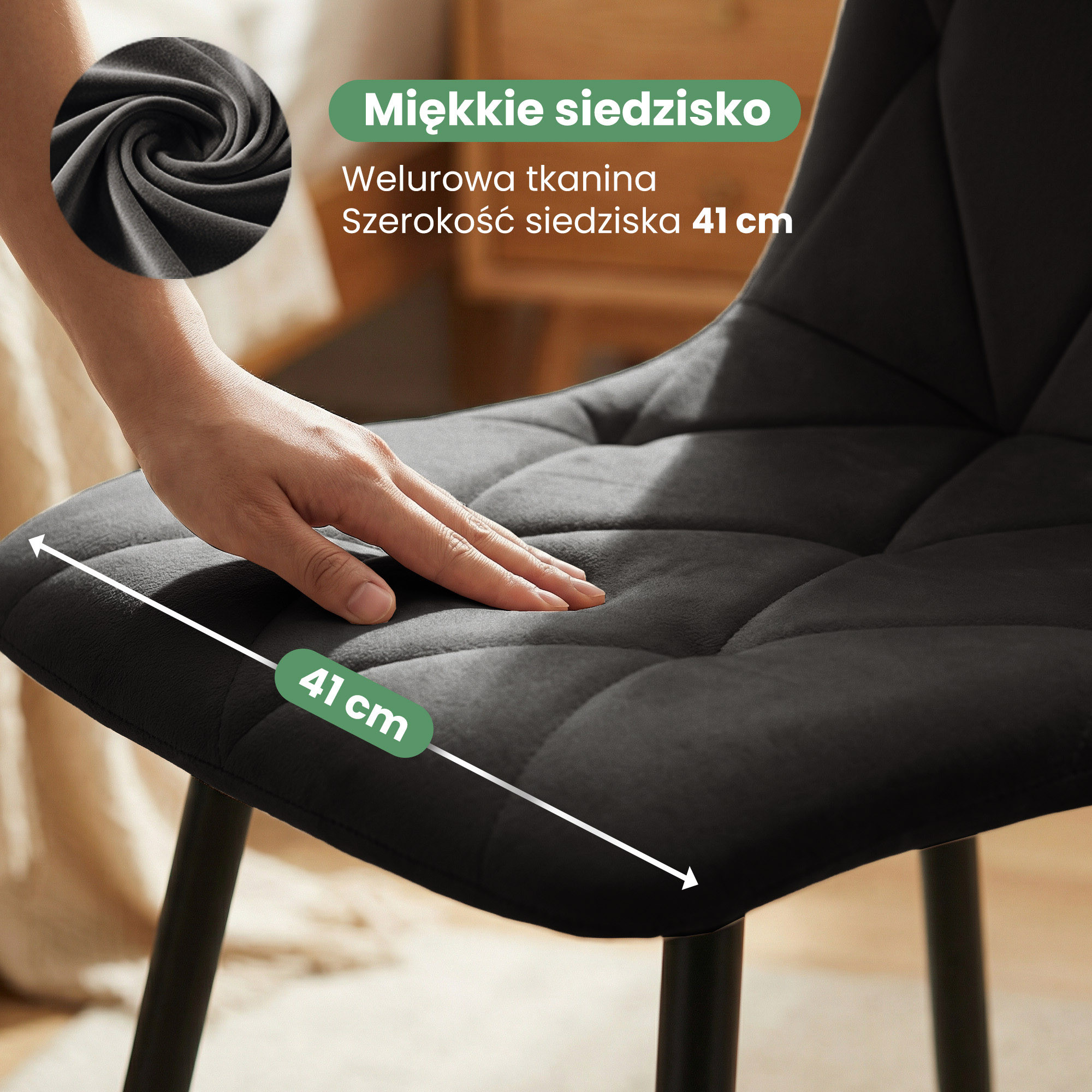 6x Welurowe krzesło tapicerowane pikowane Czarne MILO Czarne nogi - obrazek 2
