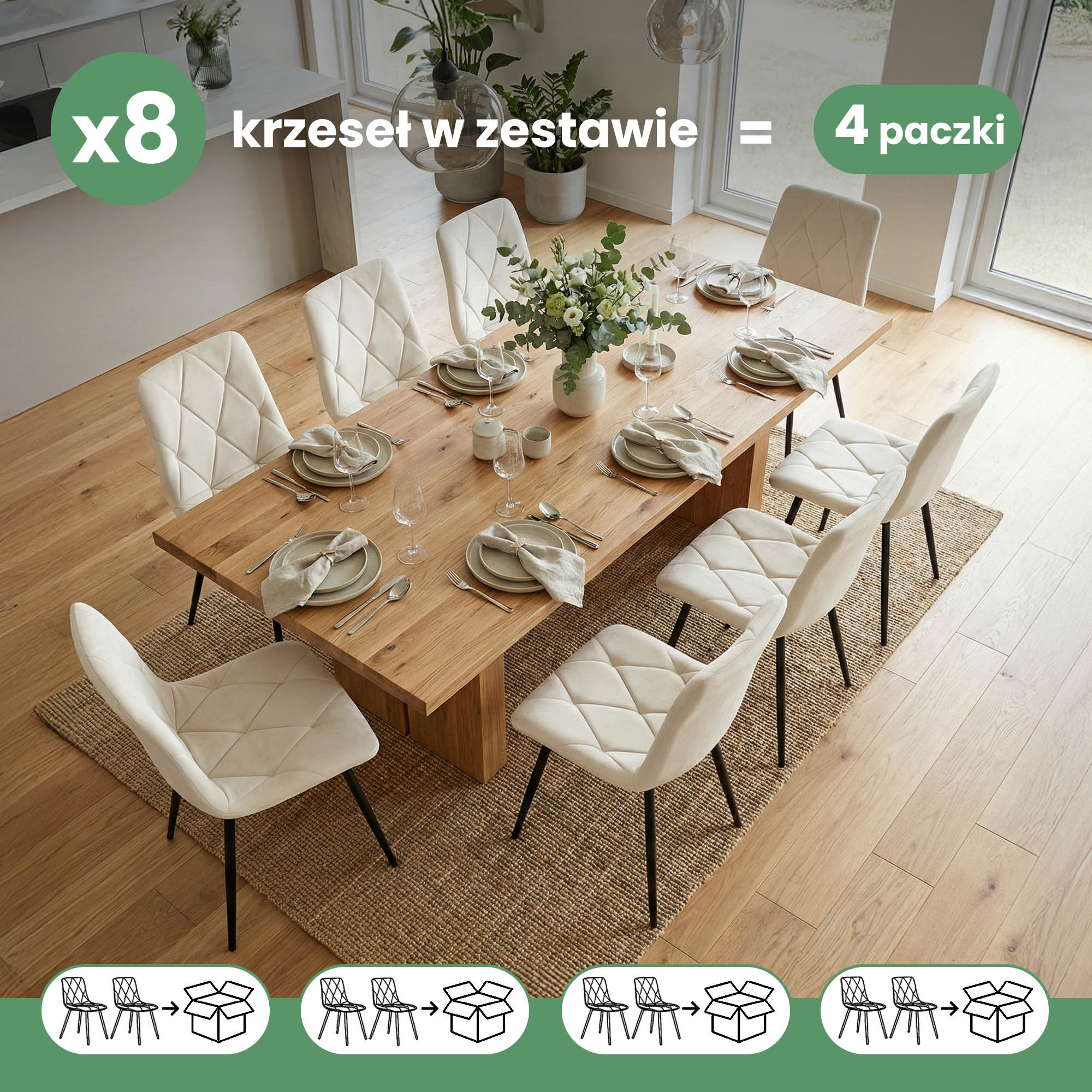 8x Welurowe krzesło tapicerowane pikowane Beżowe MILO Czarne nogi - obrazek 3