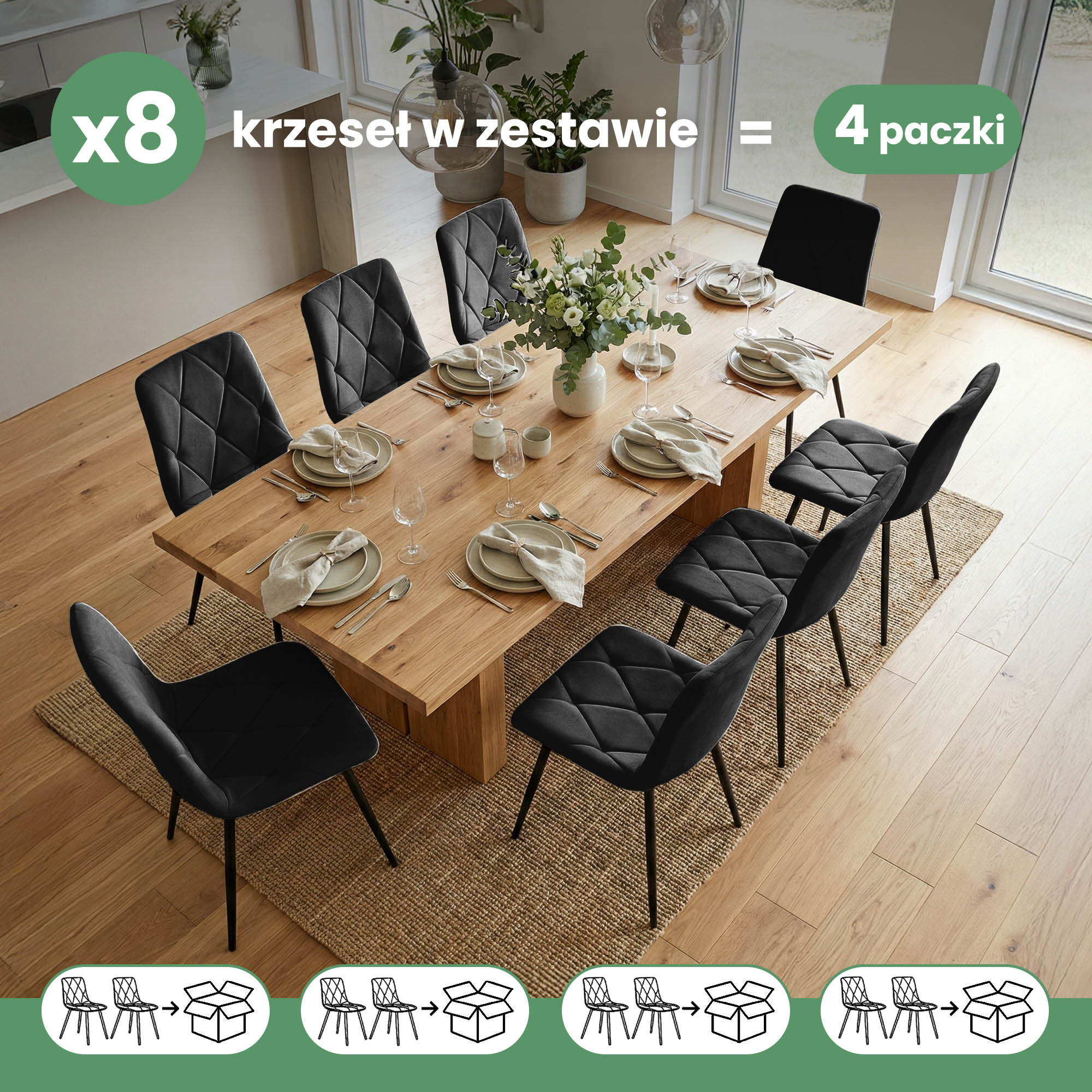 8x Welurowe krzesło tapicerowane pikowane Czarne MILO Czarne nogi - obrazek 3