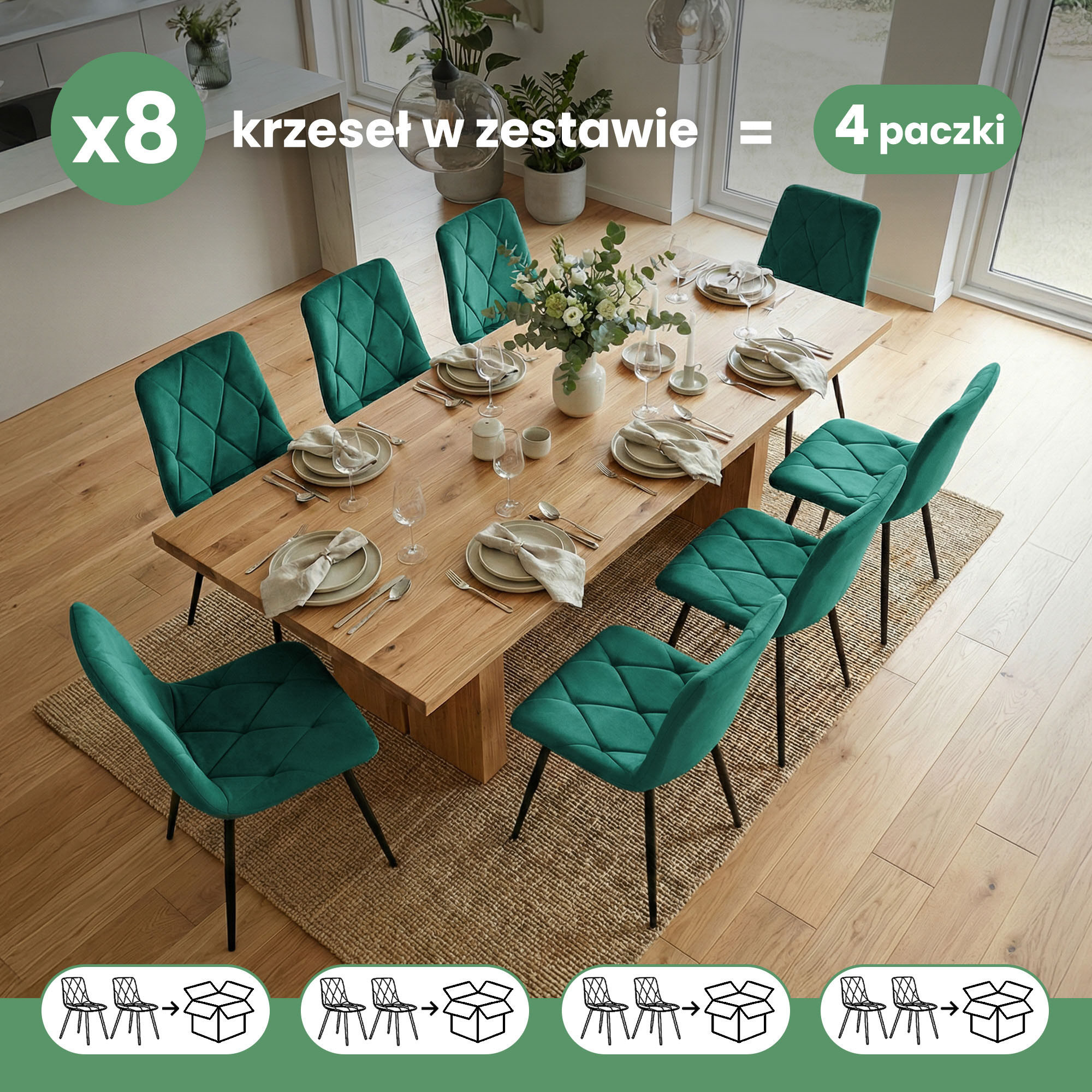 8x Welurowe krzesło tapicerowane pikowane Butelkowa Zieleń MILO Czarne nogi - obrazek 3
