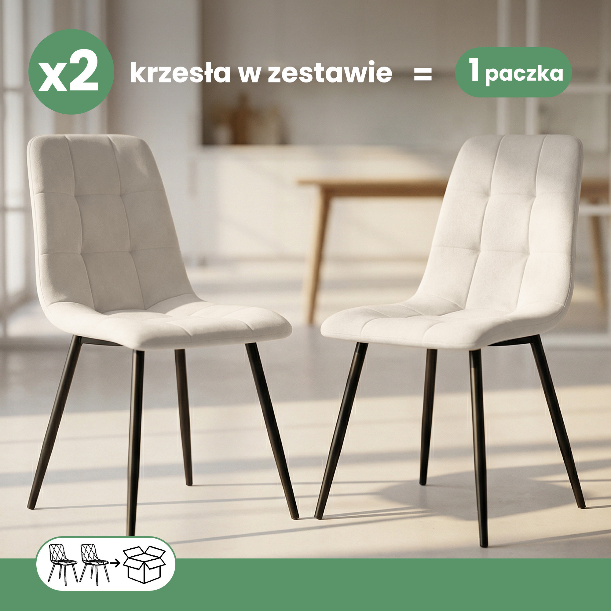 2x Welurowe krzesło tapicerowane pikowane Beżowe NERO Czarne nogi - obrazek 2