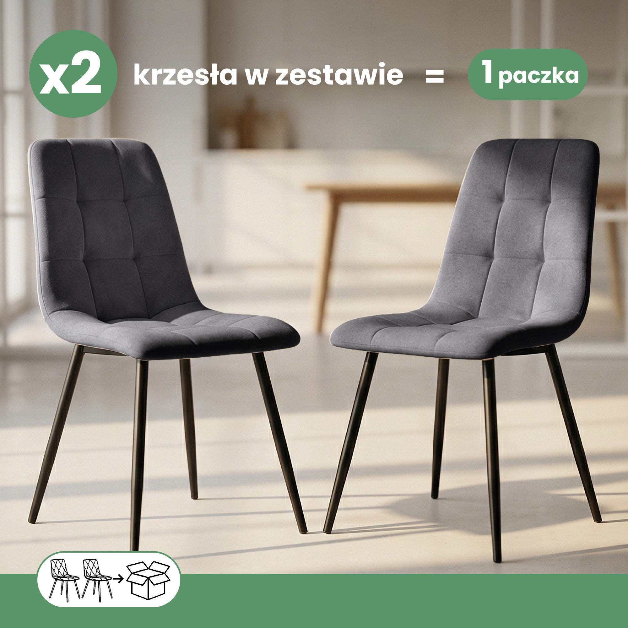 2x Welurowe krzesło tapicerowane pikowane Ciemny Grafit NERO Czarne nogi - obrazek 3