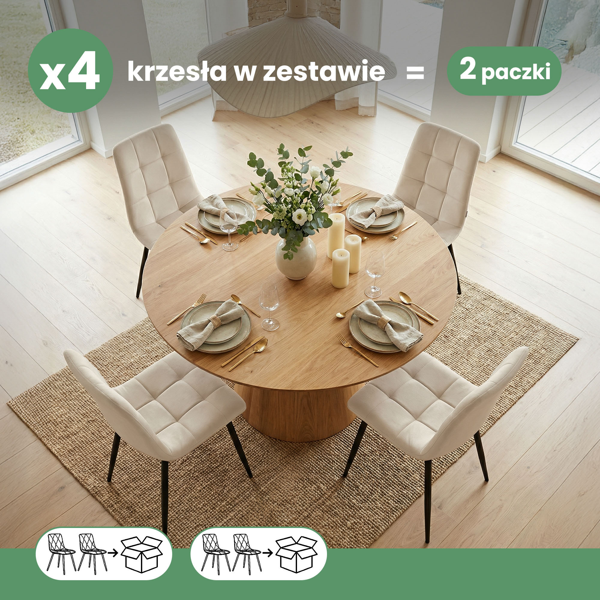 4x Welurowe krzesło tapicerowane pikowane Beżowe NERO Czarne nogi - obrazek 3