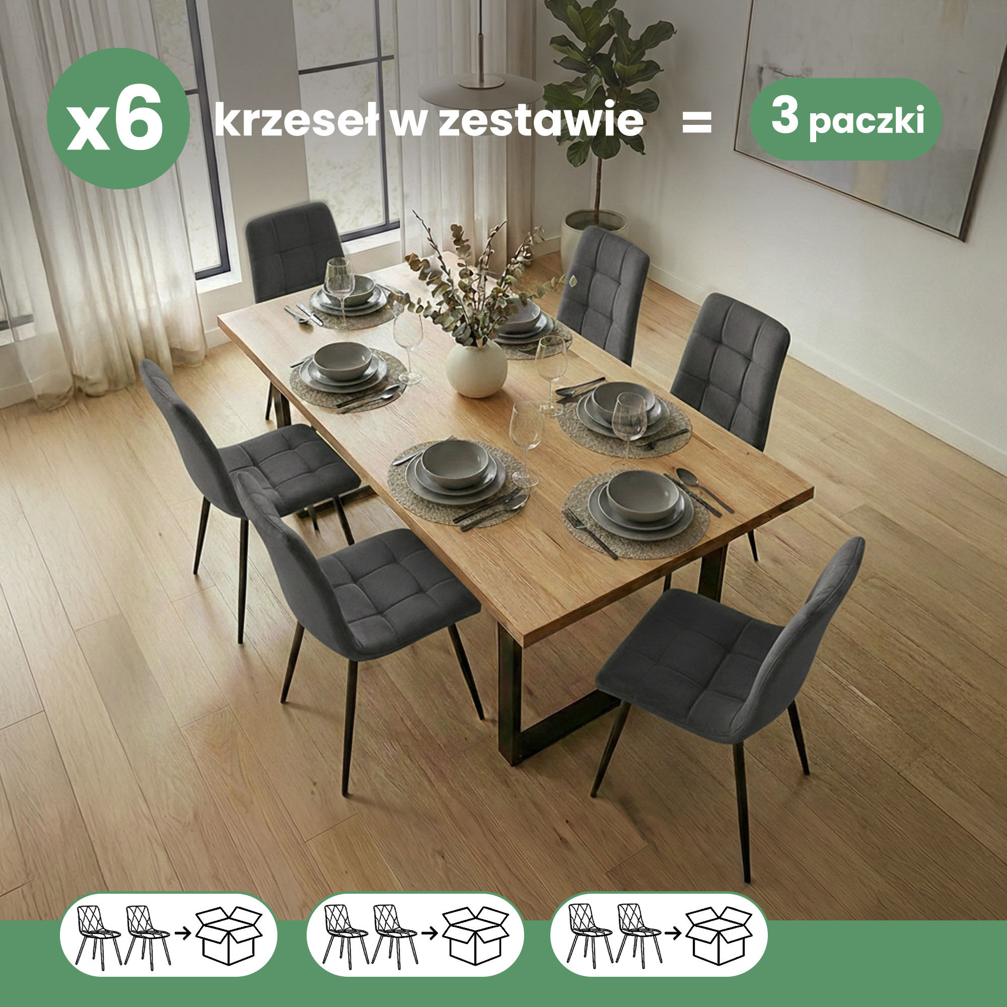 6x Welurowe krzesło tapicerowane pikowane Ciemny Grafit NERO Czarne nogi - obrazek 3