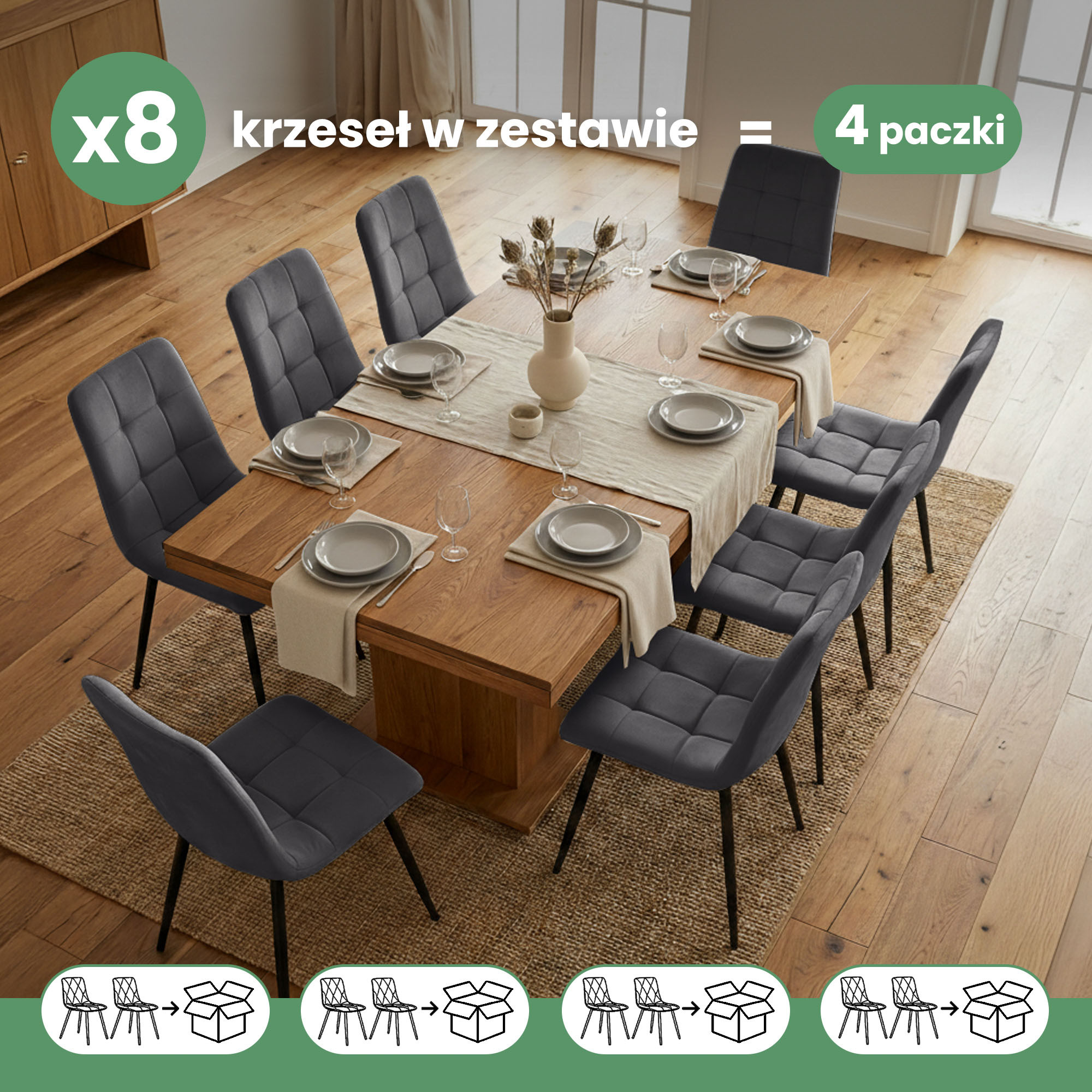 8x Welurowe krzesło tapicerowane pikowane Ciemny Grafit NERO Czarne nogi - obrazek 3