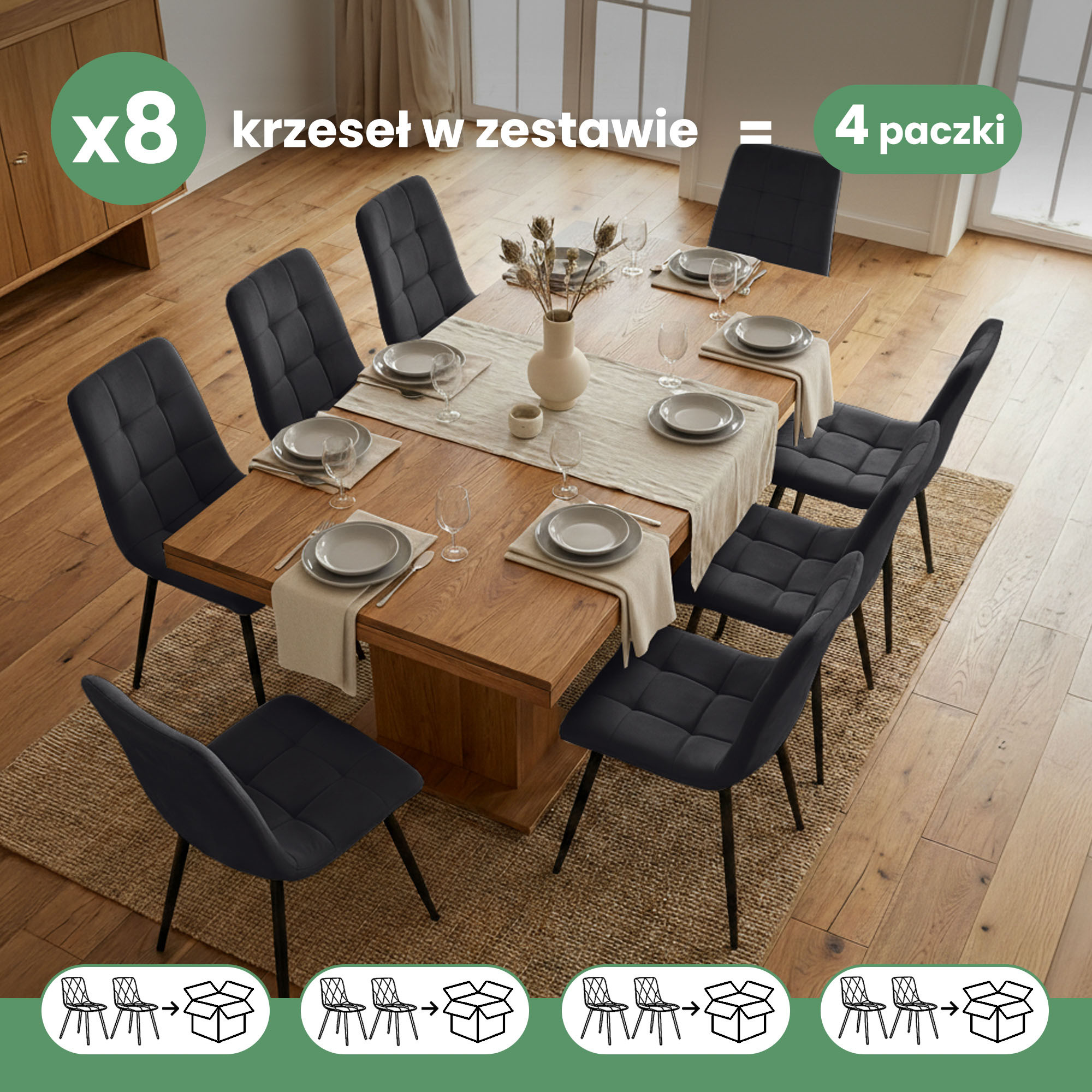 8x Welurowe krzesło tapicerowane pikowane Czarne NERO Czarne nogi - obrazek 3