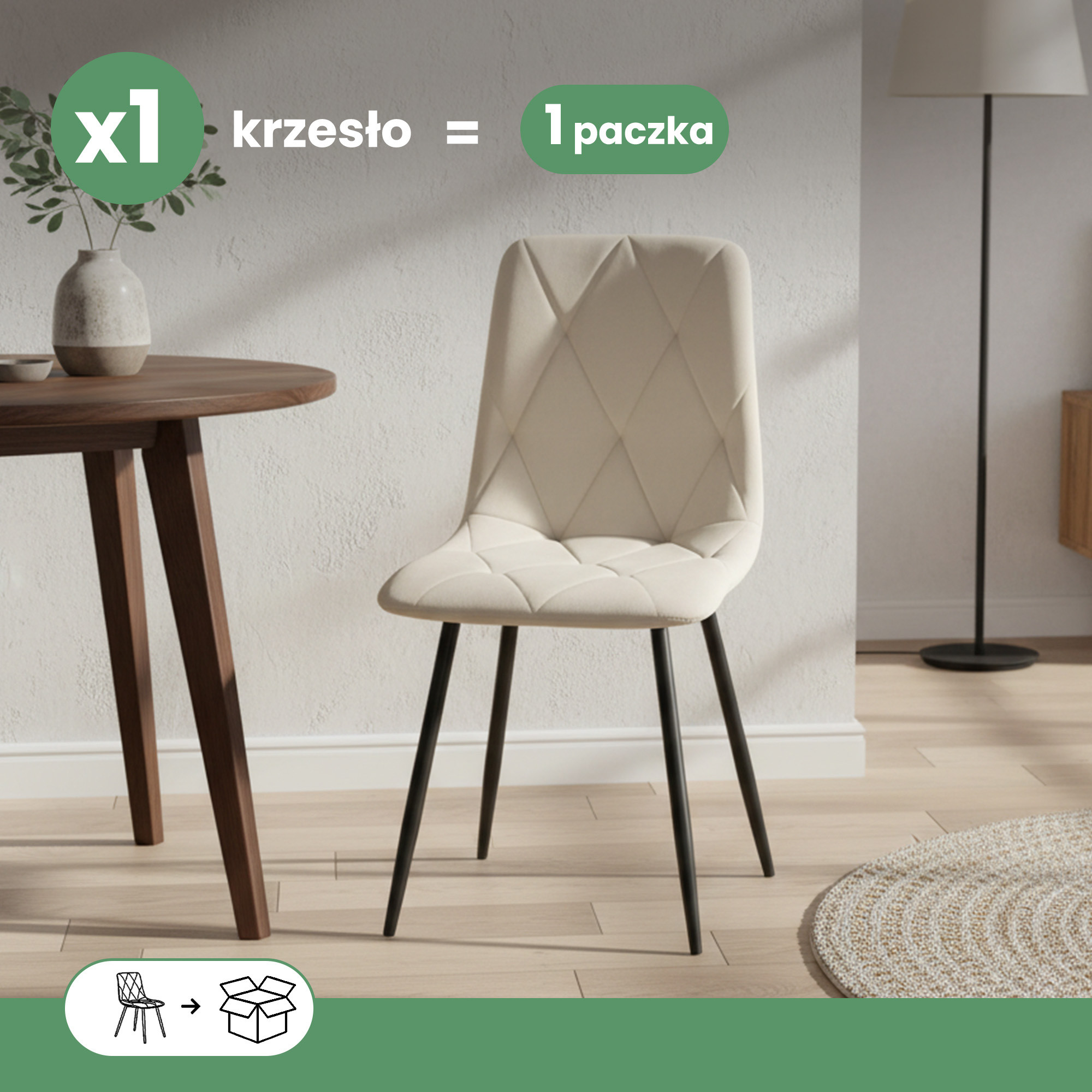 Welurowe krzesło tapicerowane pikowane Beżowe MILO Czarne nogi - obrazek 3