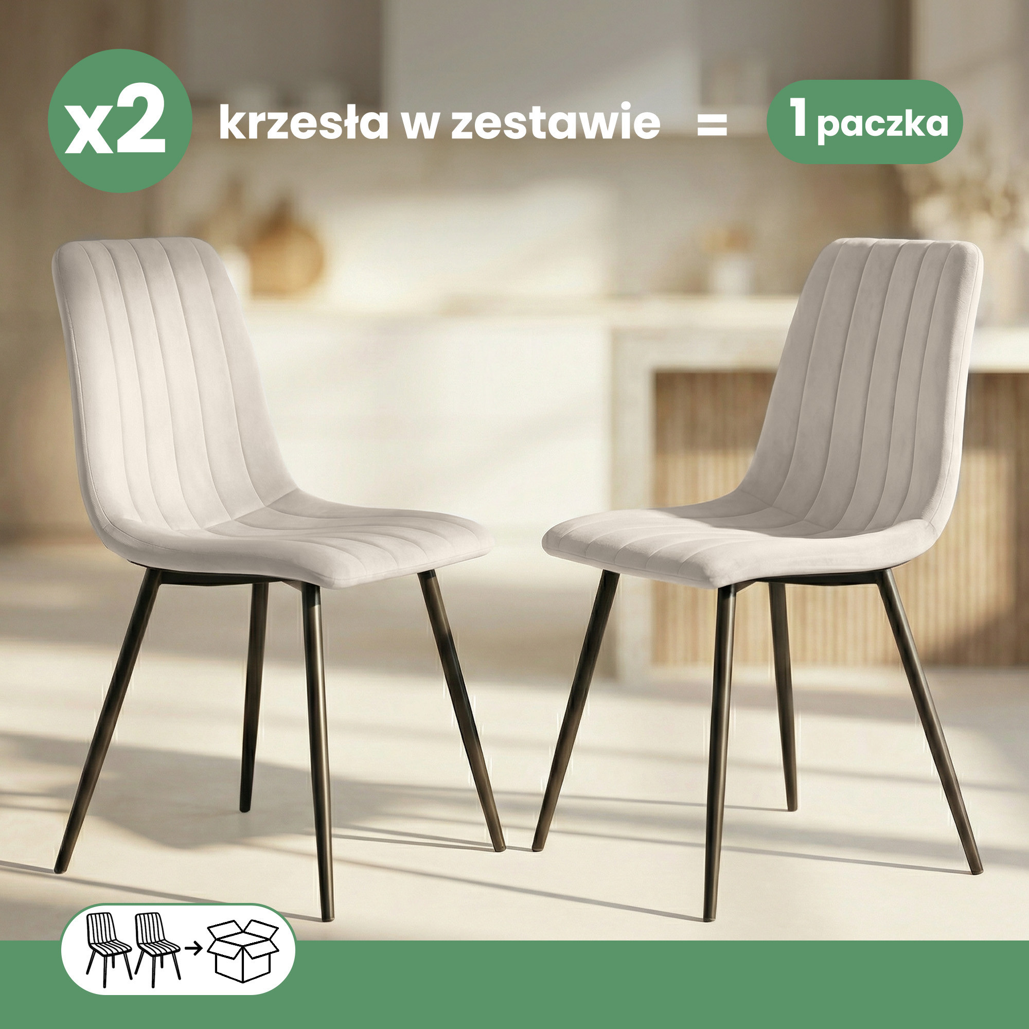 2x Welurowe krzesło tapicerowane pikowane Beżowe LIVO Czarne nogi - obrazek 3