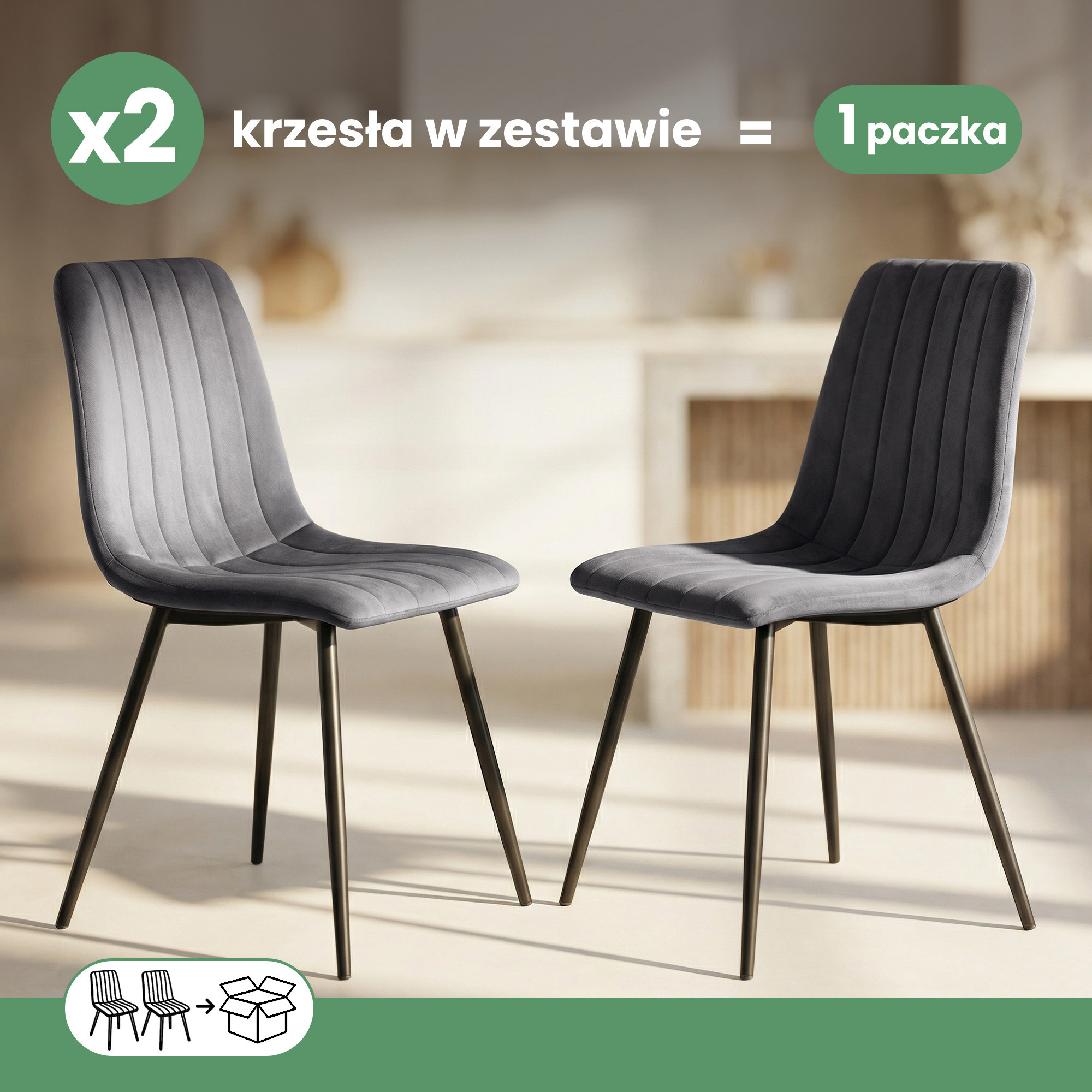 2x Welurowe krzesło tapicerowane pikowane Ciemny Grafit LIVO Czarne nogi - obrazek 3