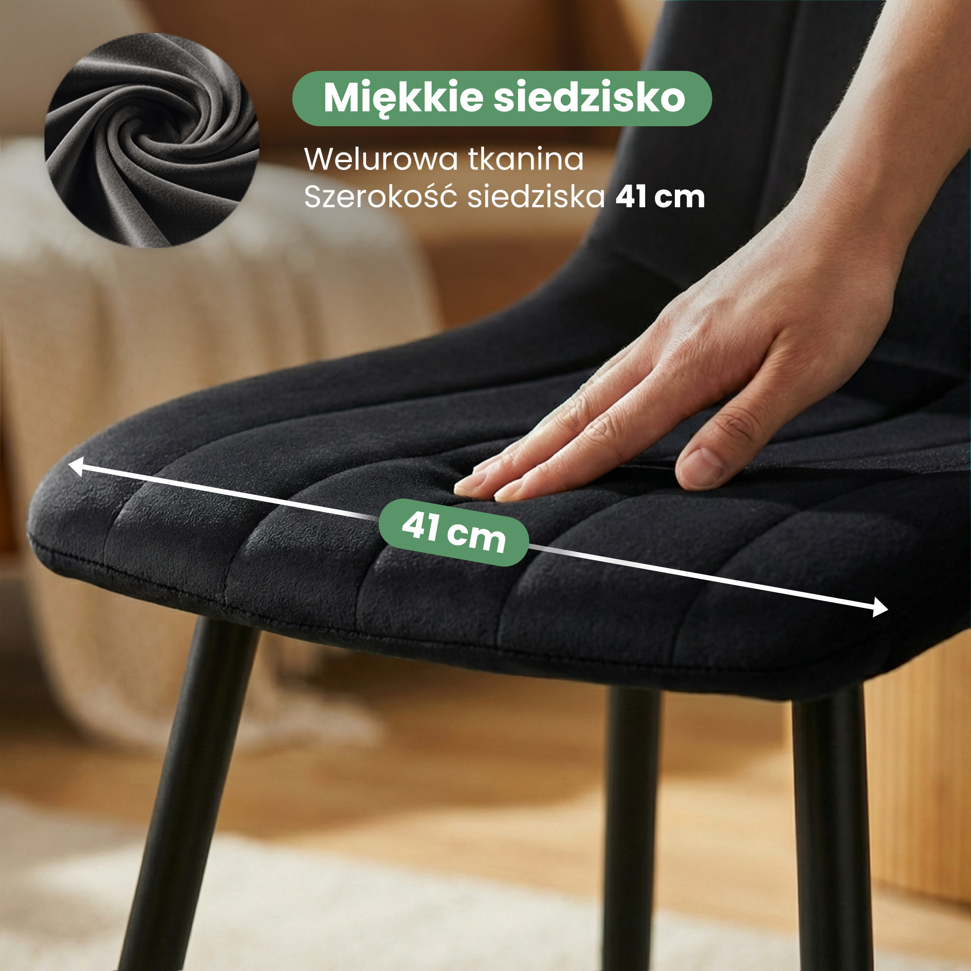2x Welurowe krzesło tapicerowane pikowane Czarne LIVO Czarne nogi - obrazek 2