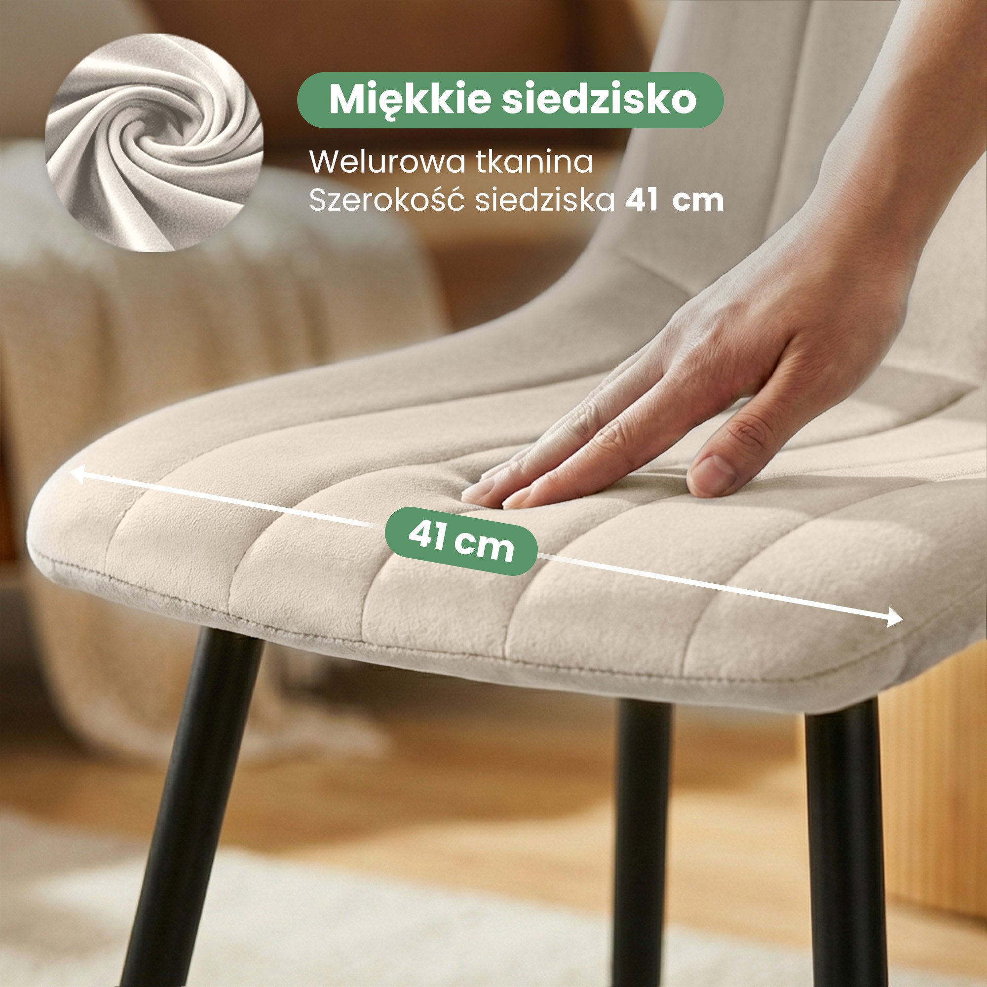 4x Welurowe krzesło tapicerowane pikowane Beżowe LIVO Czarne nogi - obrazek 2