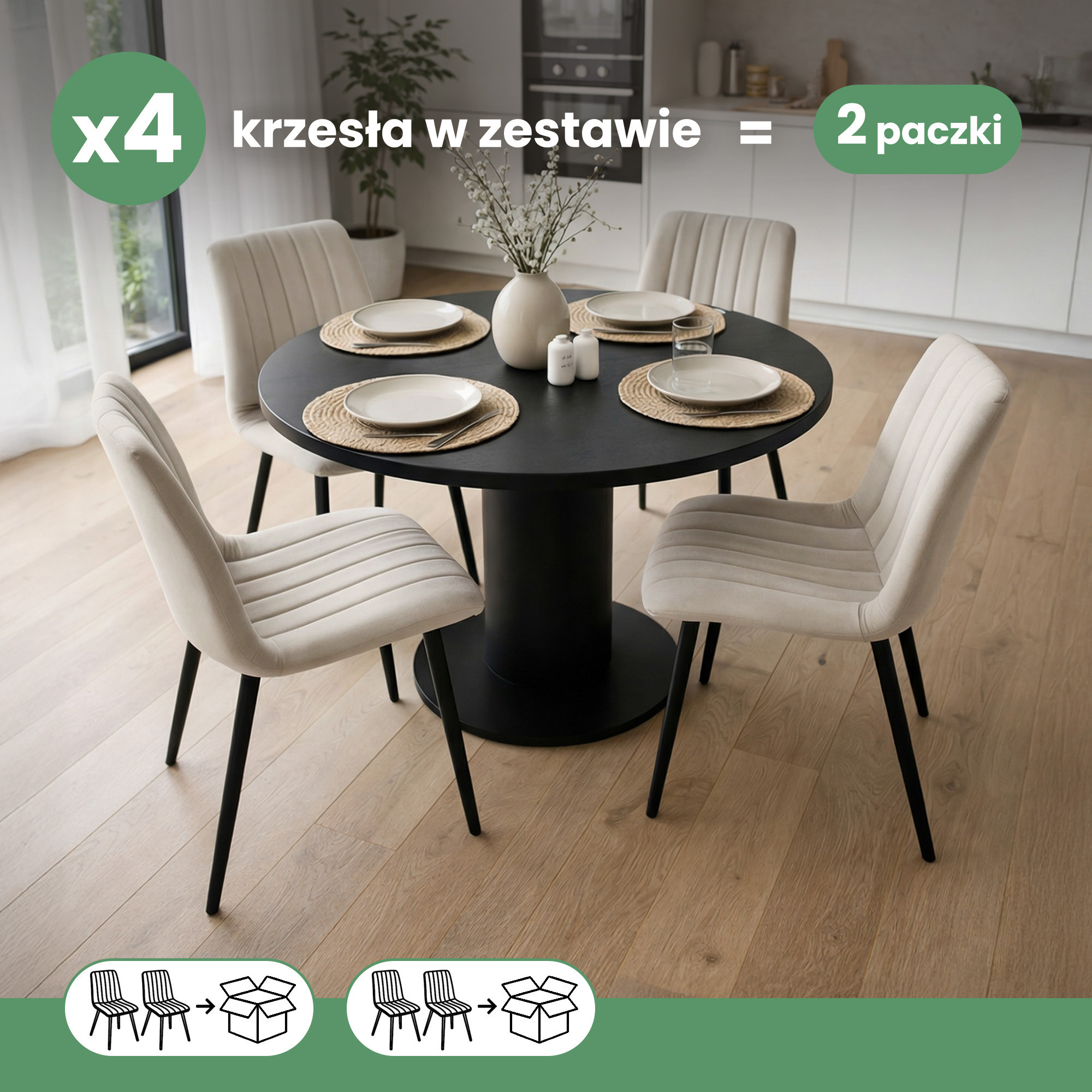 4x Welurowe krzesło tapicerowane pikowane Beżowe LIVO Czarne nogi - obrazek 4