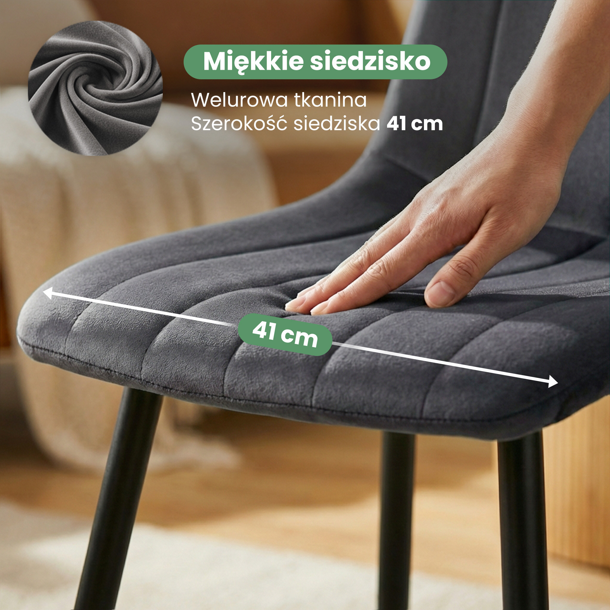 4x Welurowe krzesło tapicerowane pikowane Ciemny Grafit LIVO Czarne nogi - obrazek 2